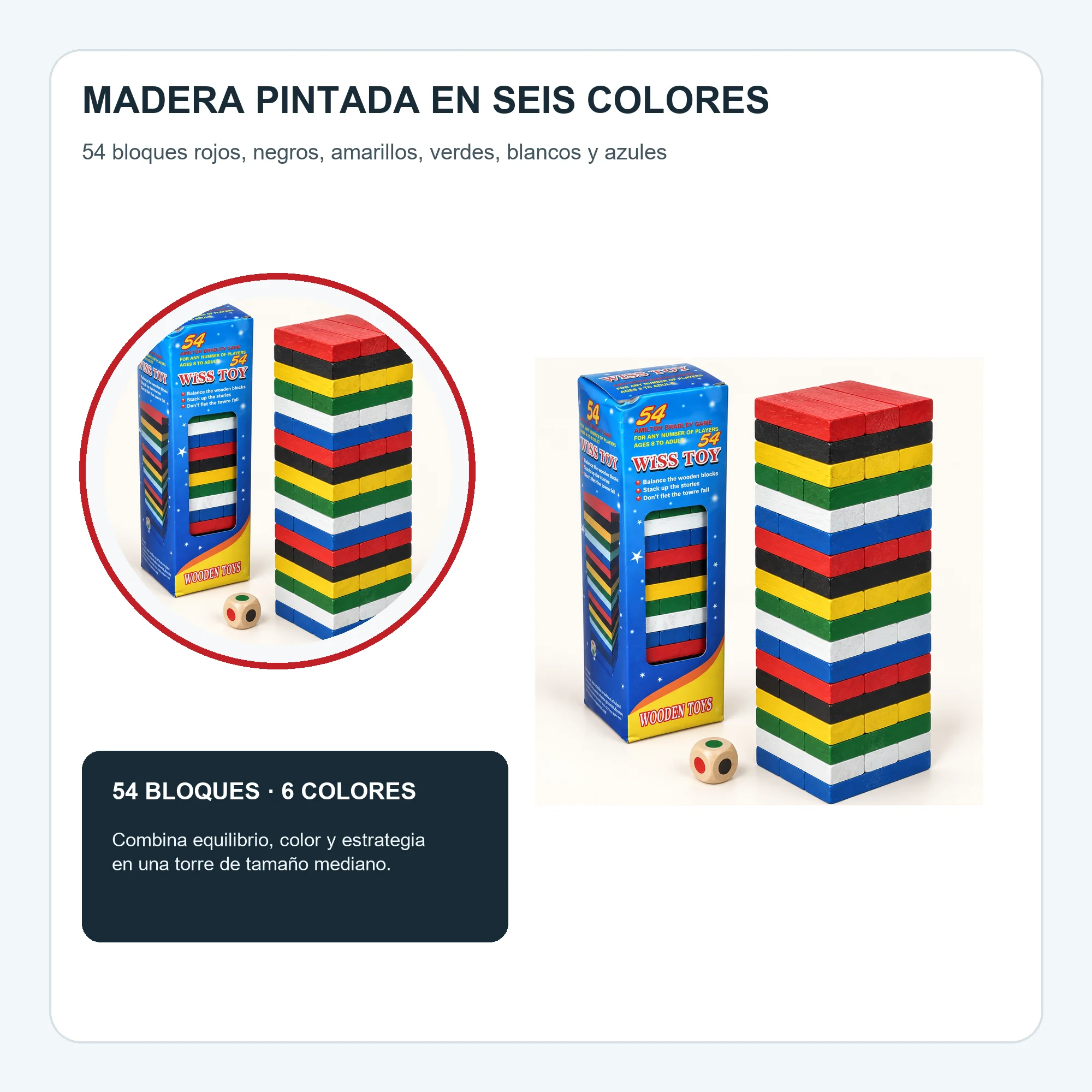 Juego de Torre de Madera de Colores, 54 Bloques, Tamaño Mediano