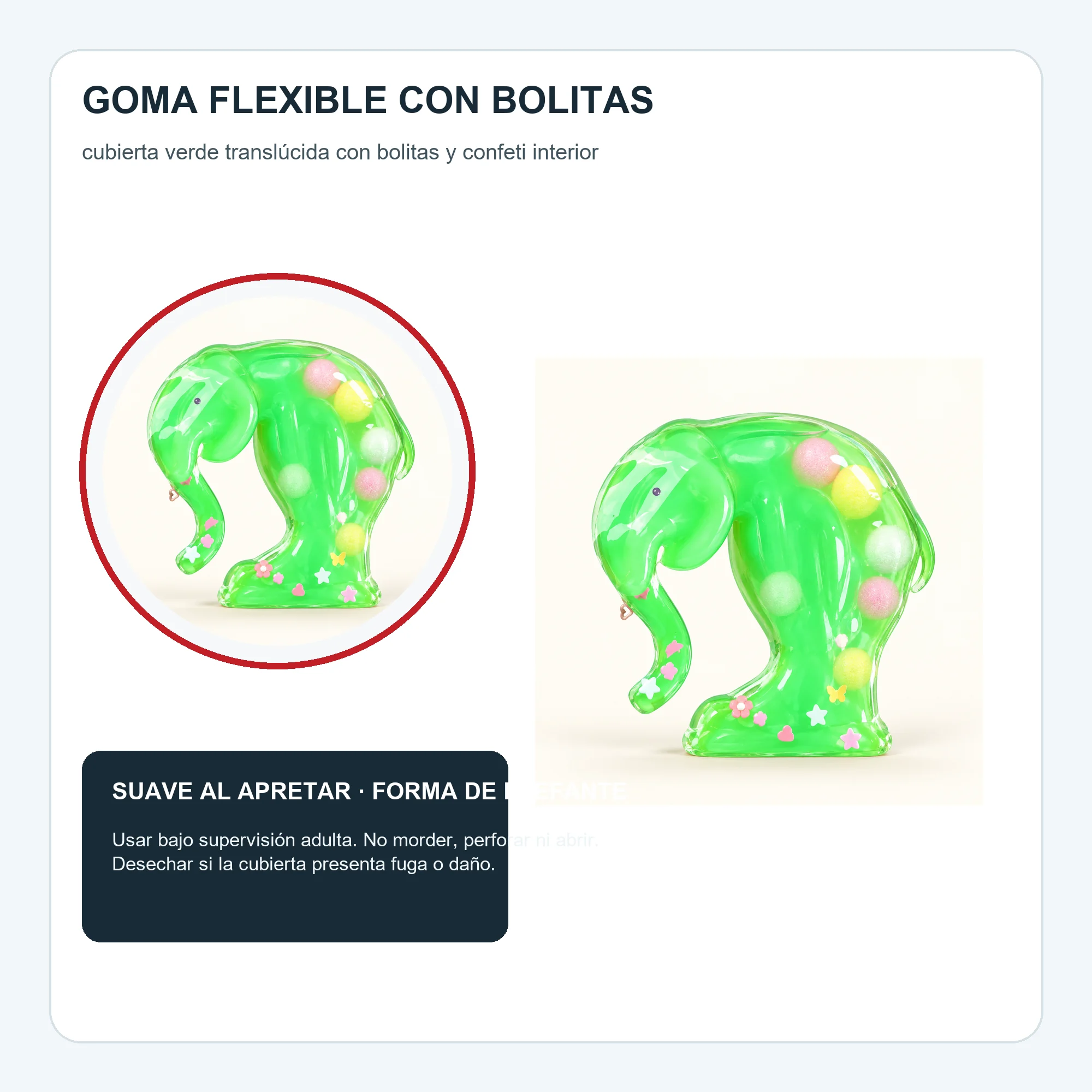 Juguete Antiestrés Elefante Verde, Empaque 13 × 12,5 cm
