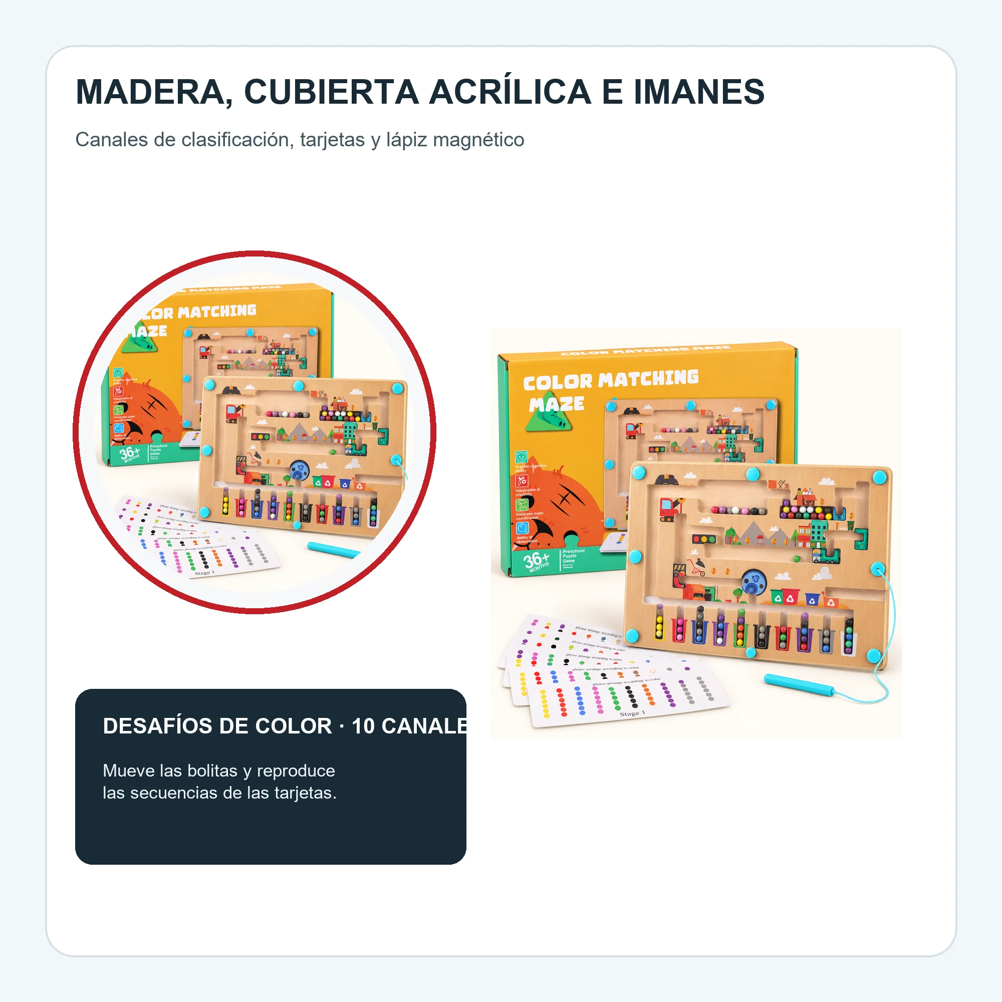 Laberinto Magnético de Colores con Tarjetas, Madera, 29,8 × 22,2 cm