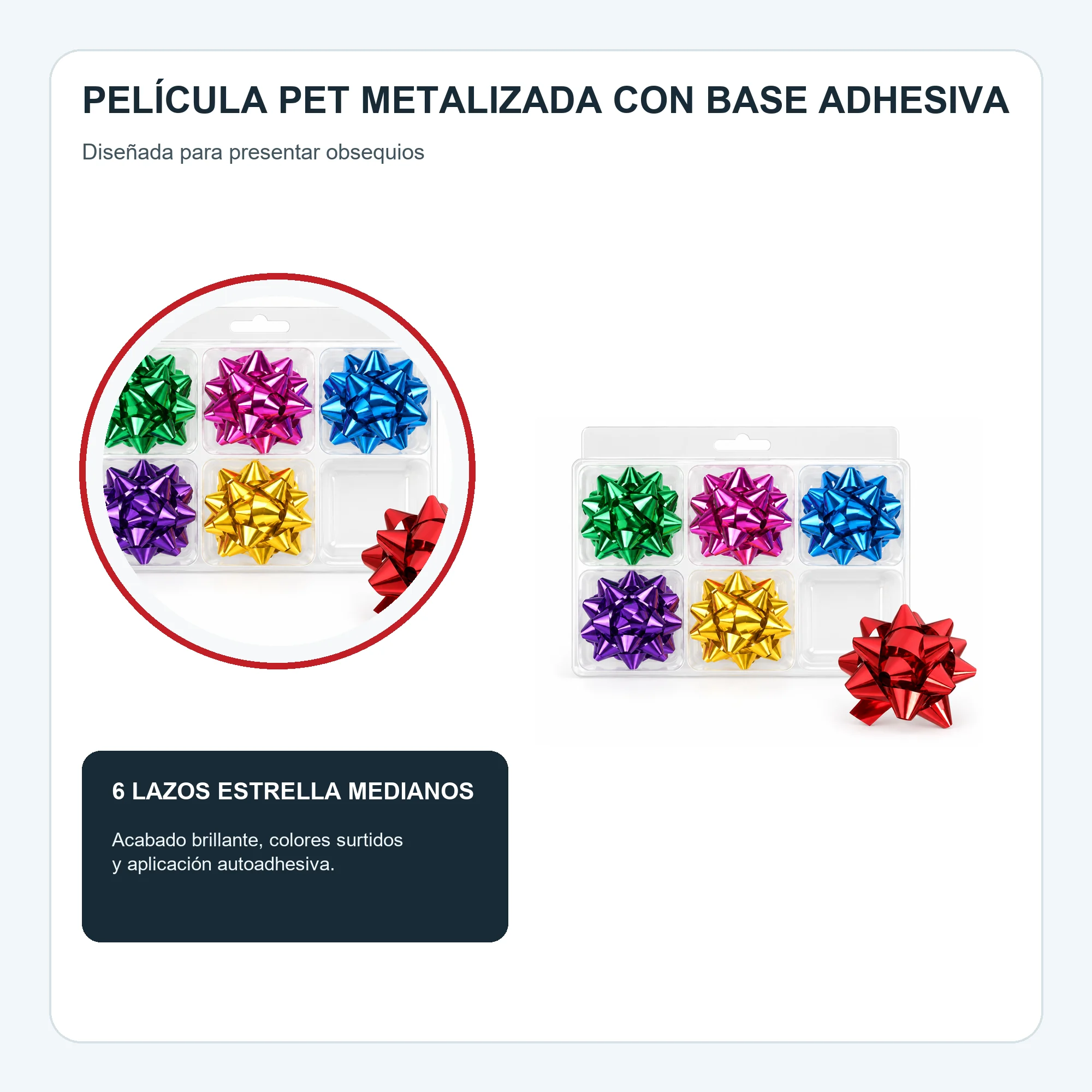 Lazos Estrella Metálicos Adhesivos, 6 cm (2,4 in) de diámetro aprox., 6 Unidades, Colores Surtidos