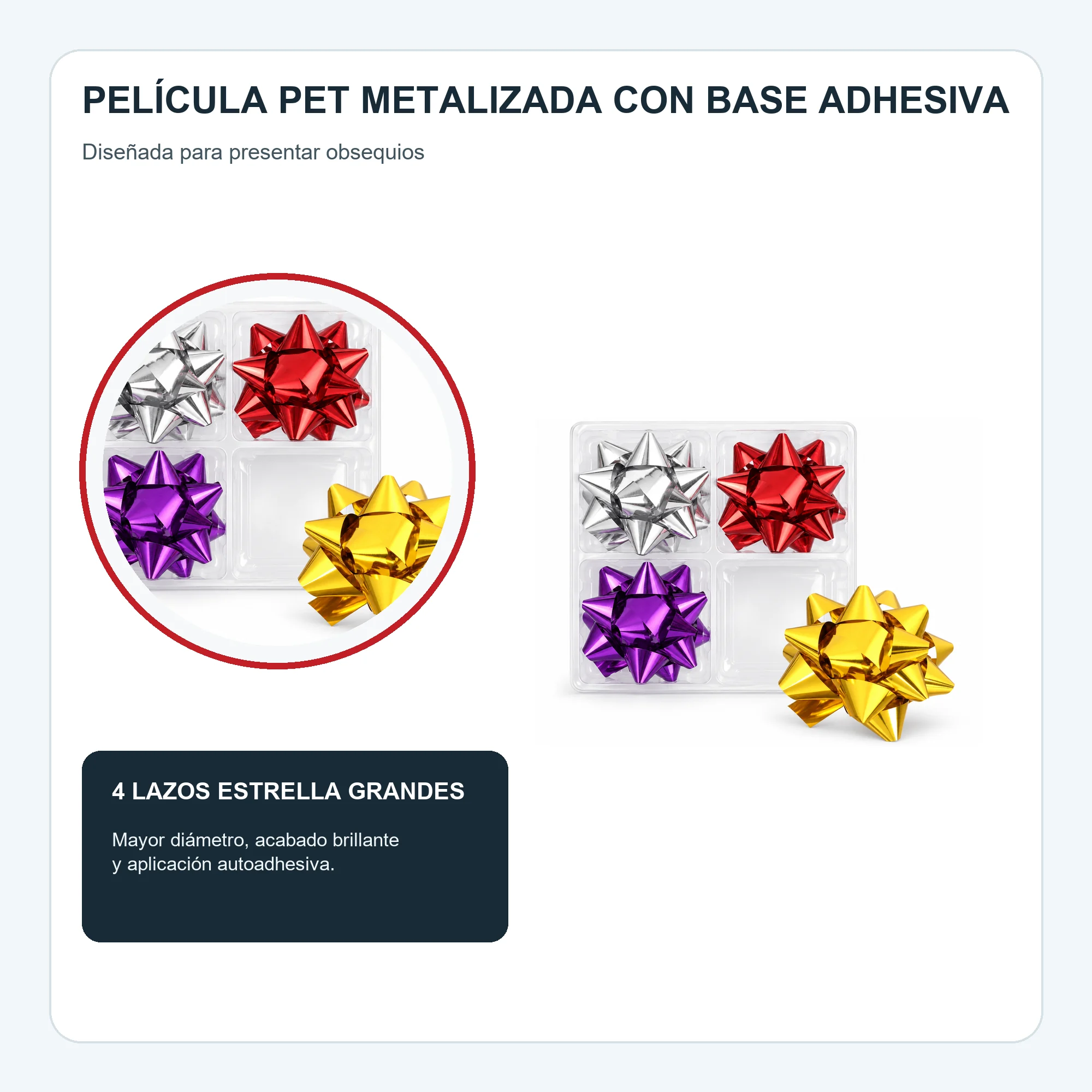 Lazos Estrella Metálicos Adhesivos, 7,5 cm (3,0 in) de diámetro aprox., 4 Unidades, Colores Surtidos