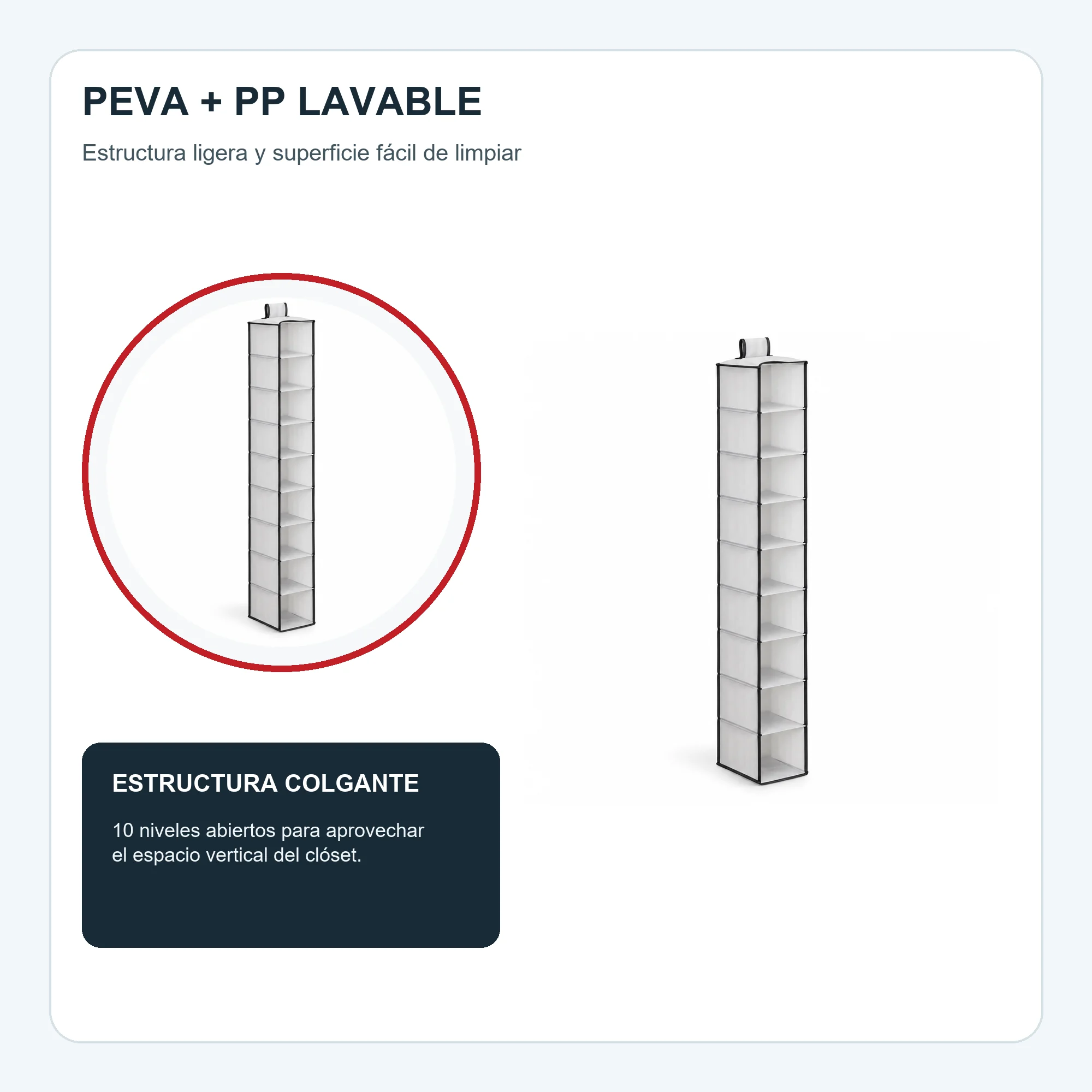 Organizador Colgante Estrecho de Clóset de 10 Niveles de PEVA y PP, 15 × 30 × 120 cm, 1 Unidad