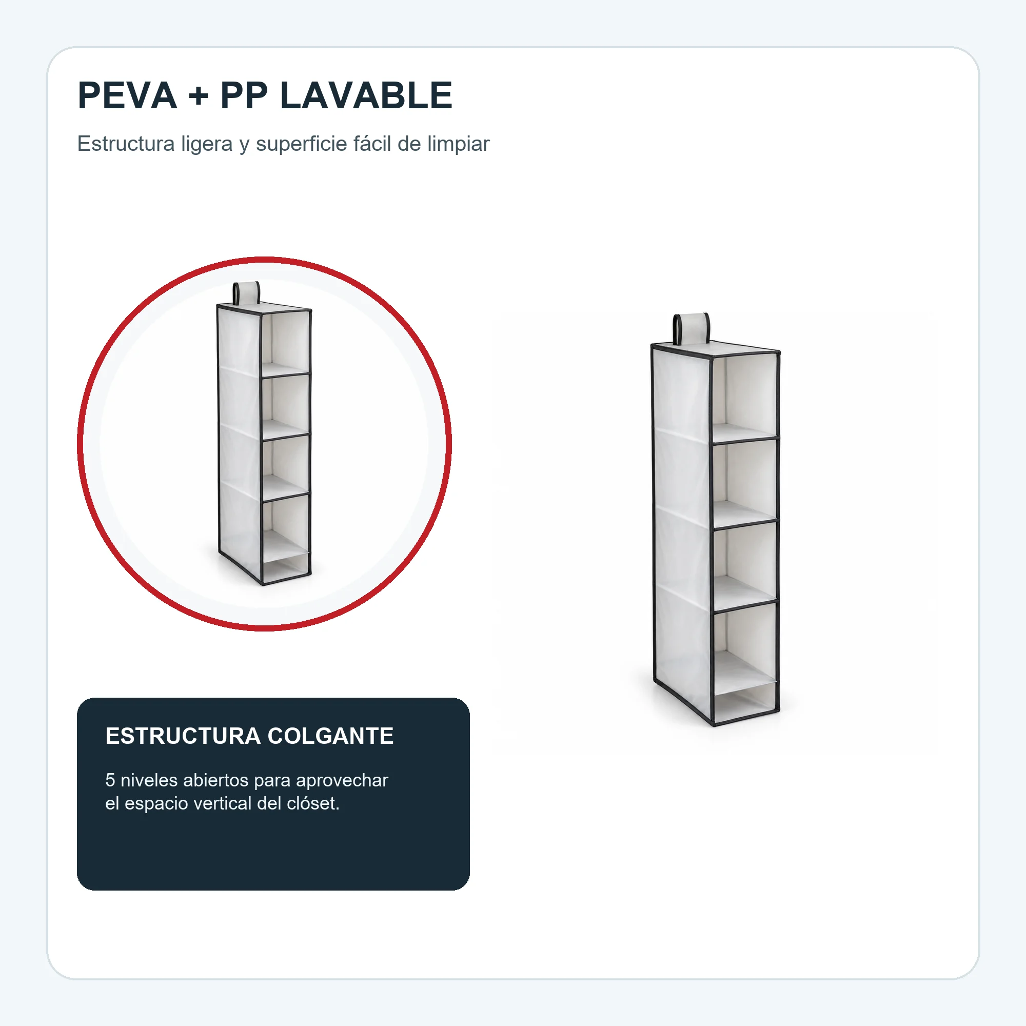 Organizador Colgante Estrecho de Clóset de 5 Niveles de PEVA y PP, 15 × 30 × 70 cm, 1 Unidad