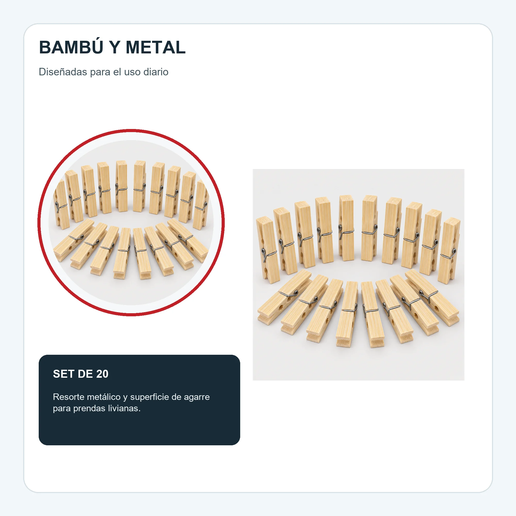 Set de 20 Pinzas para Ropa, Bambú Y Metal, 6 cm