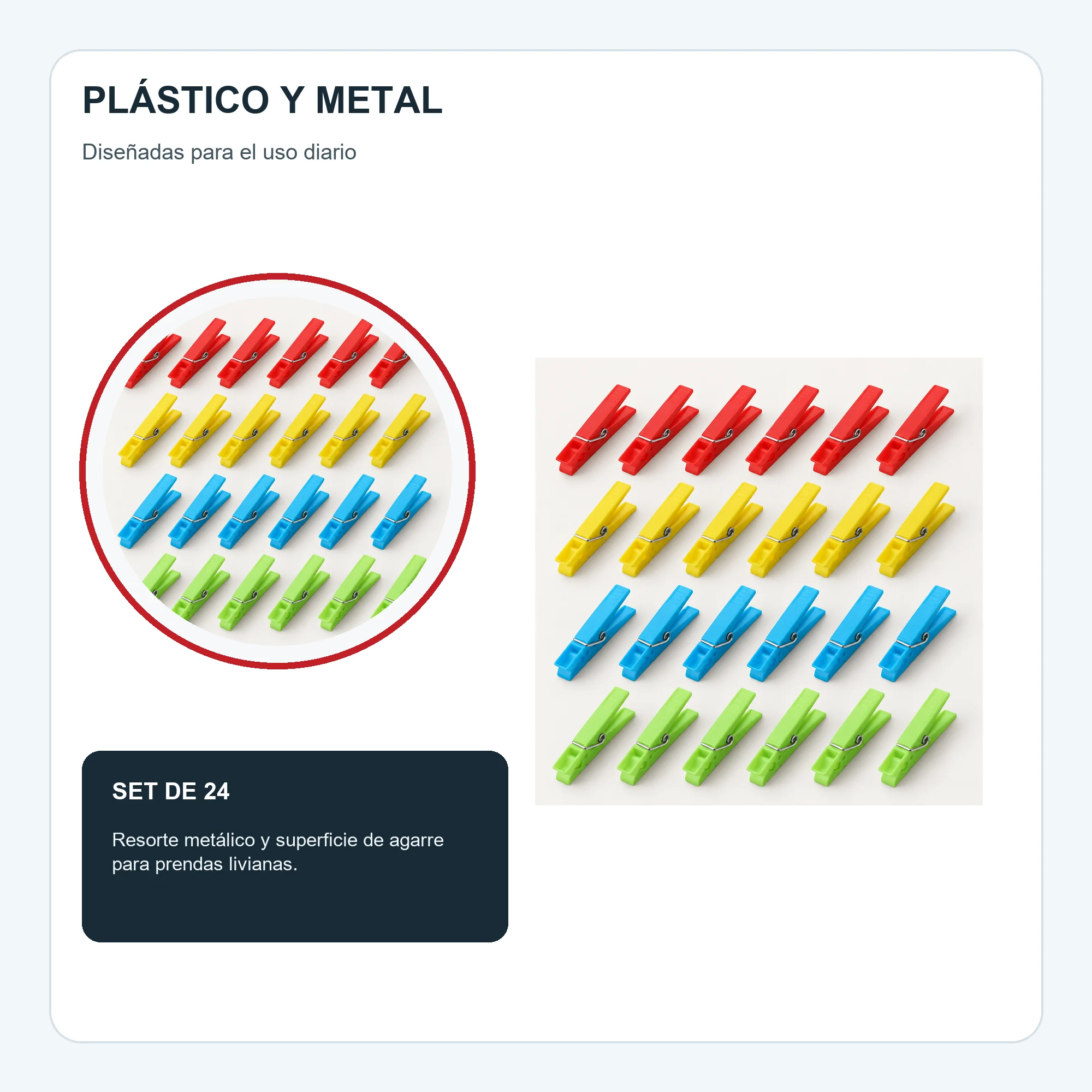 Set de 24 Pinzas para Ropa, Plástico Y Metal, 7,2 cm