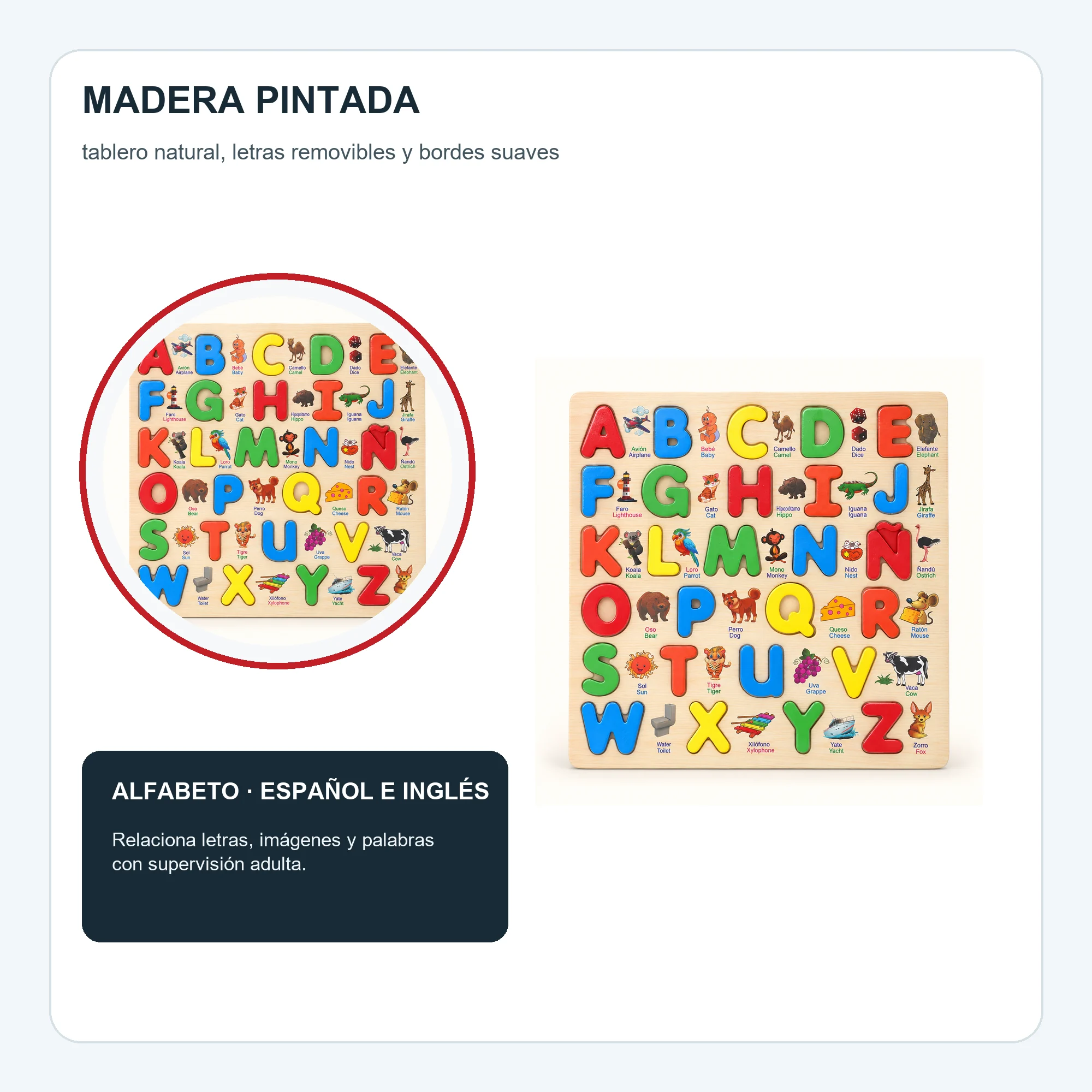 Puzzle de Madera con Alfabeto Bilingüe Español-Inglés, 30 × 30 cm