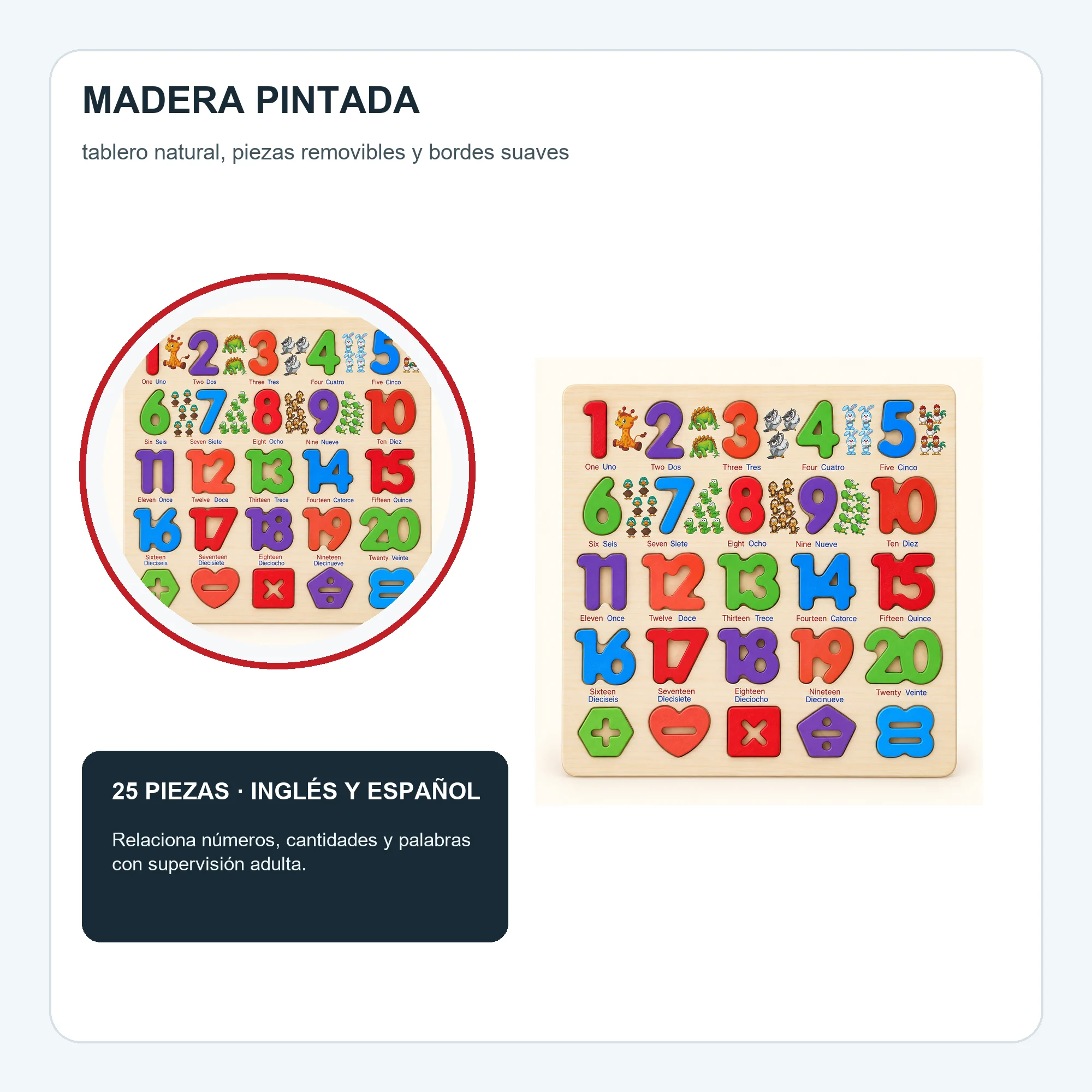 Puzzle de Madera con Números Bilingües del 1 al 20, 30 × 30 cm