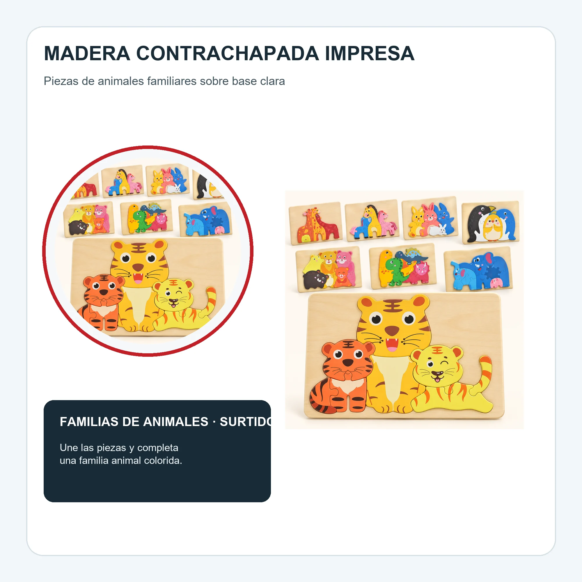 Rompecabezas de Familias de Animales, Madera 22 × 15 cm, Diseño Surtido