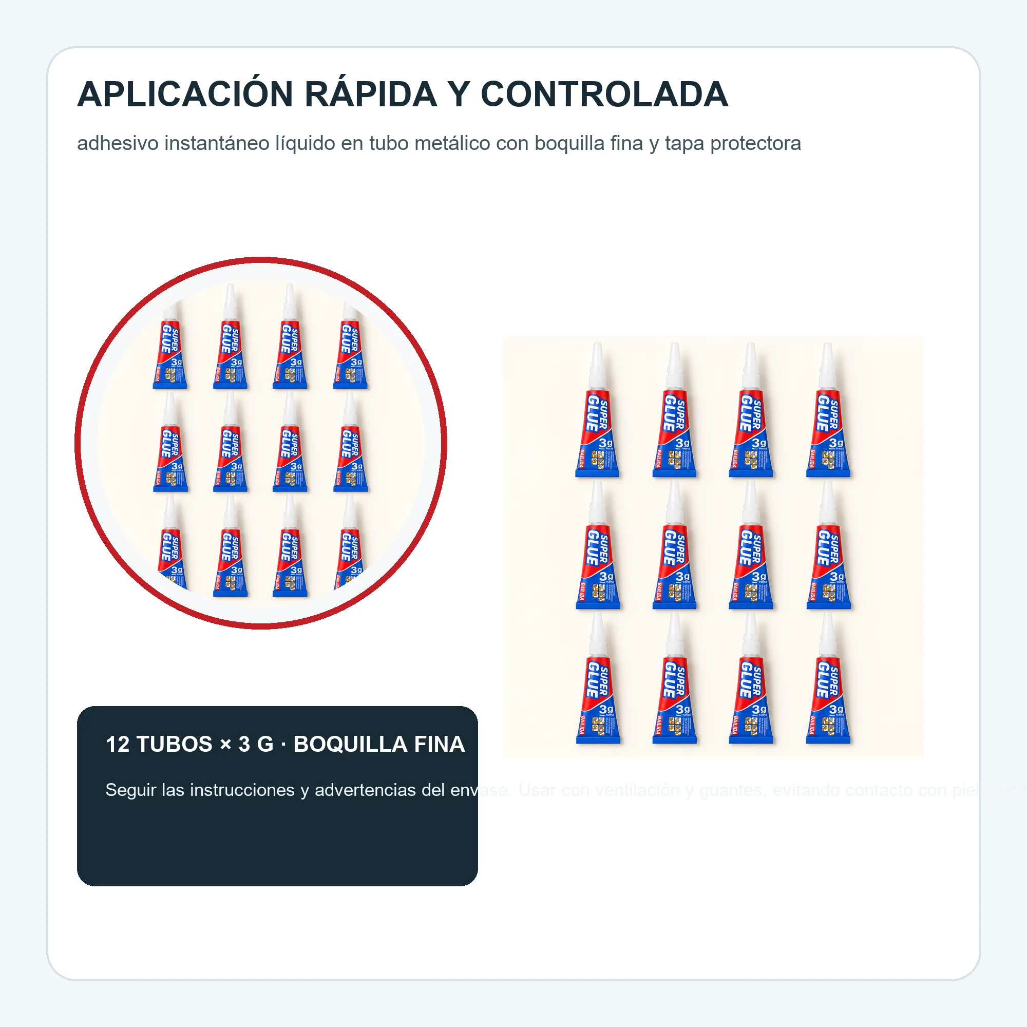 Set de 12 Adhesivos Instantáneos de 3 g con Boquilla de Precisión