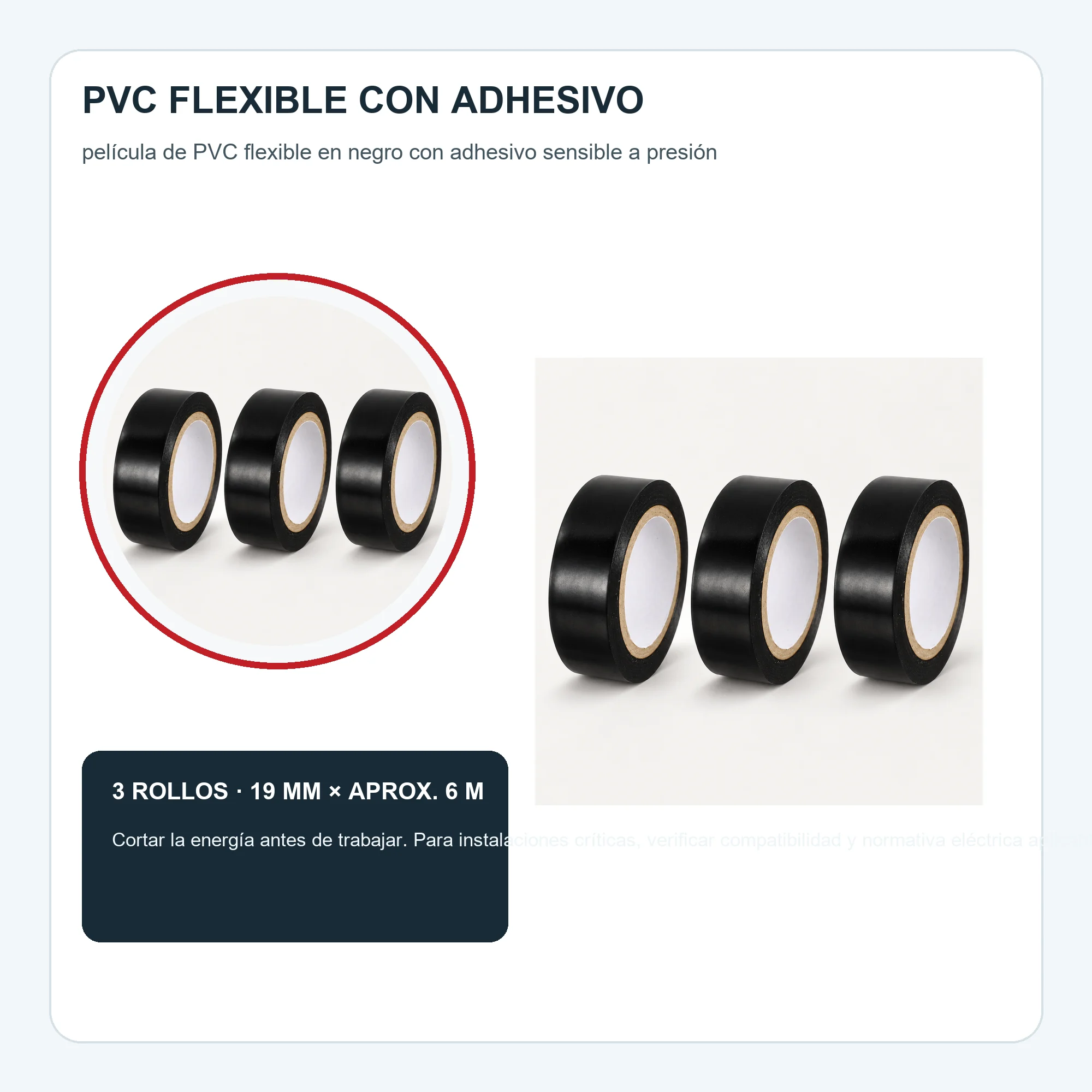 Set de 3 Cintas Aisladoras PVC Negras, 19 mm × Aprox. 6 m