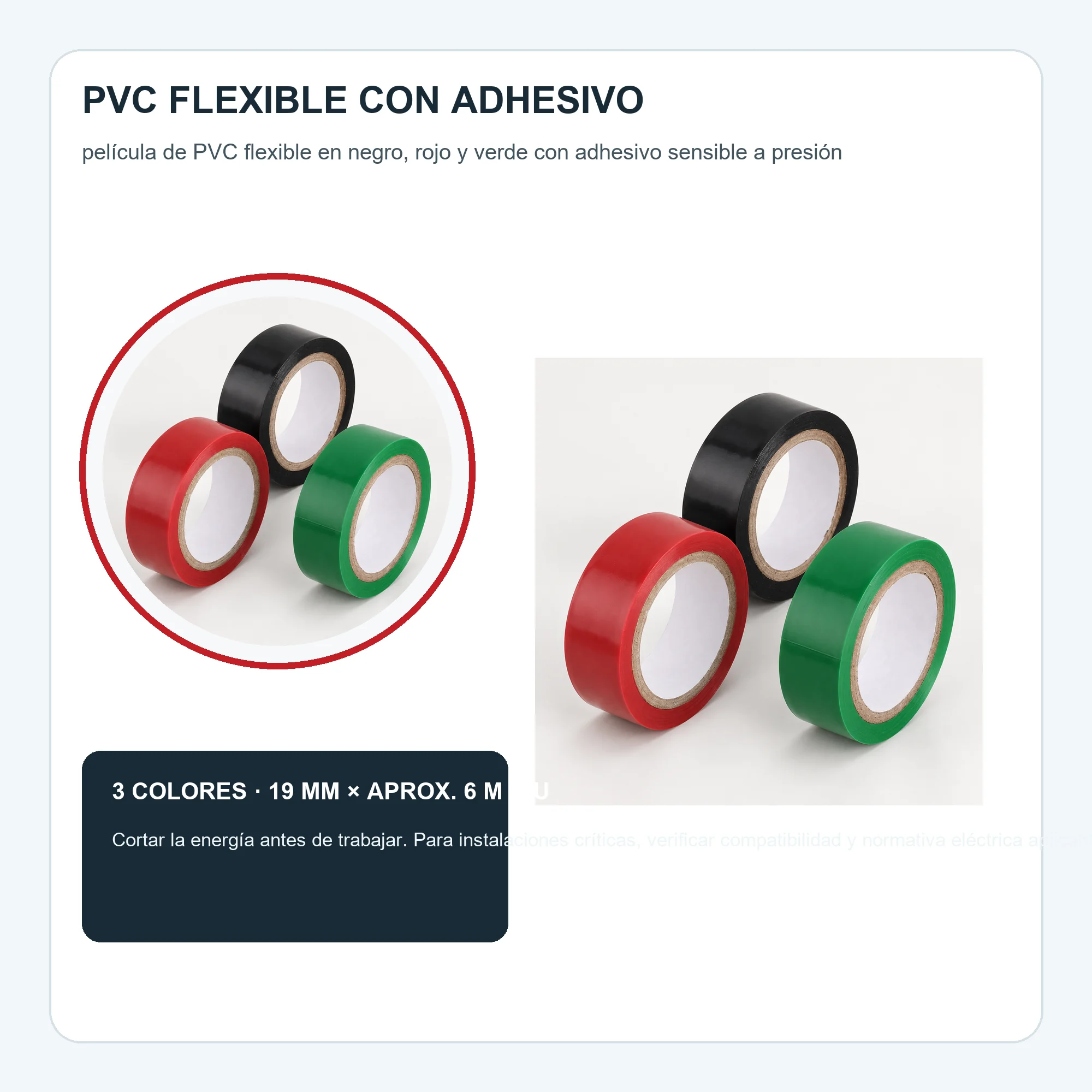 Set de 3 Cintas Aisladoras de PVC, 19 mm × Aprox. 6 m