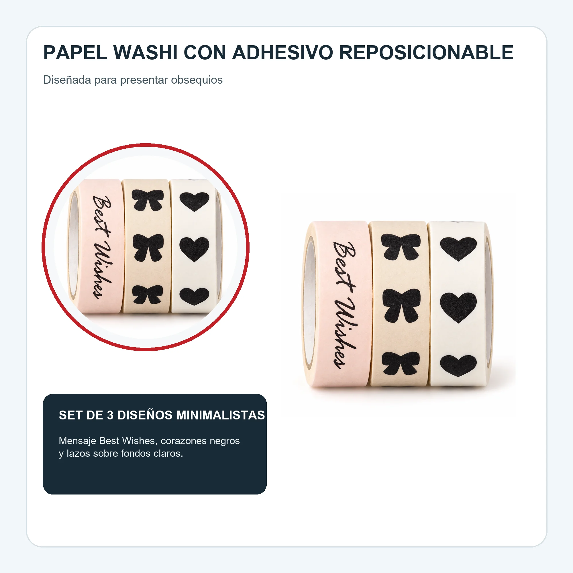 Set de 3 Cintas Washi Con Best Wishes, Corazones Y Lazos, 1,5 cm × 2 m por Rollo