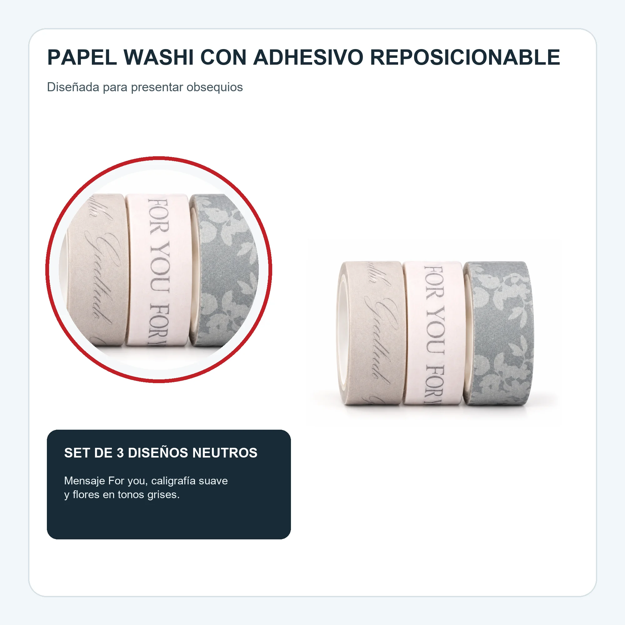 Set de 3 Cintas Washi Grises Con Mensaje For You, 1,5 cm × 2 m por Rollo
