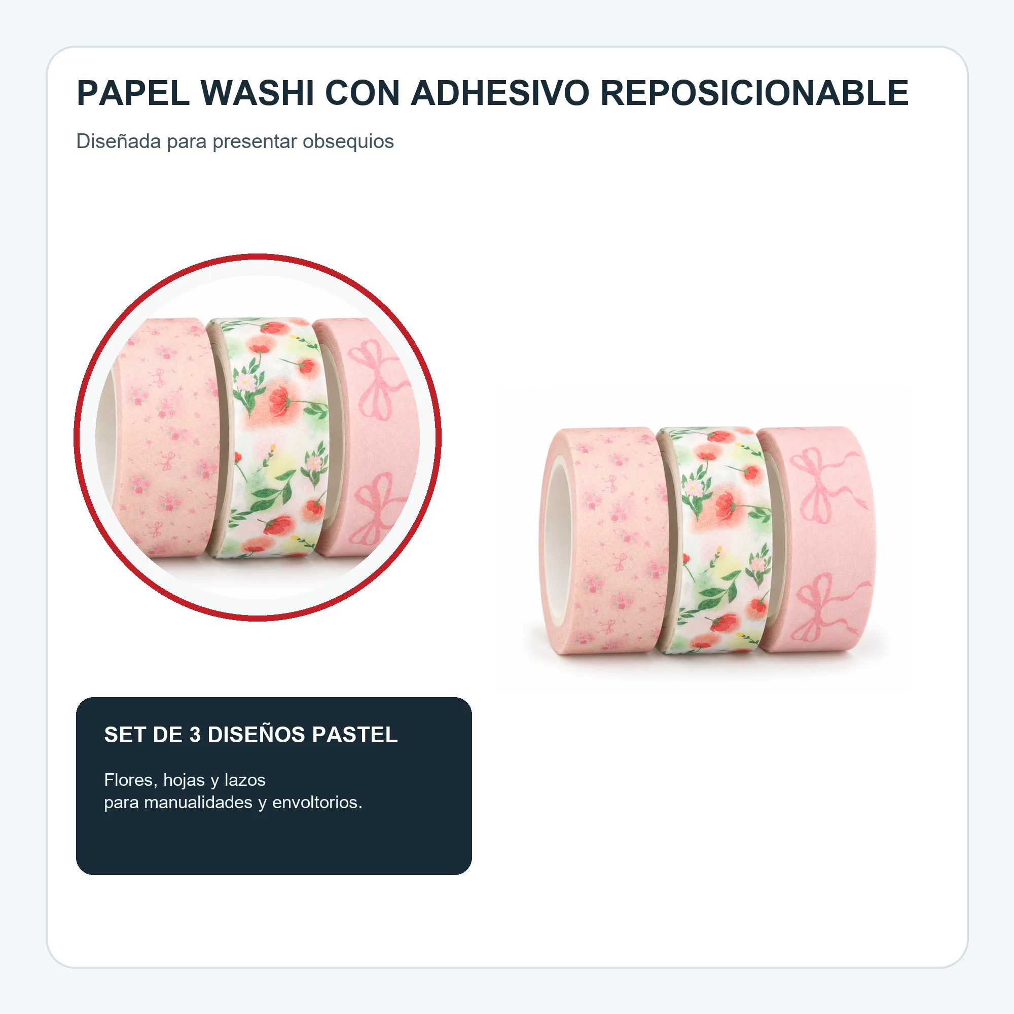 Set de 3 Cintas Washi Rosadas Florales, 1,5 cm × 2 m por Rollo