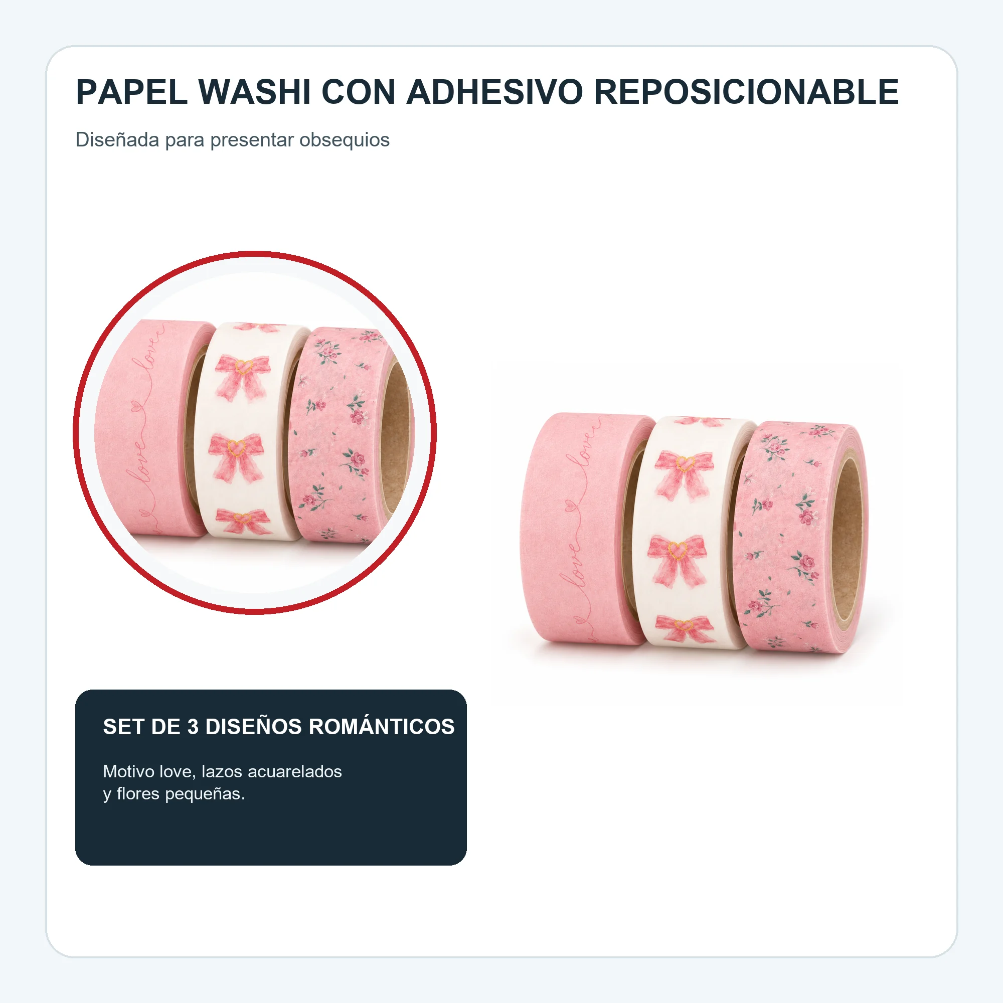 Set de 3 Cintas Washi Rosadas Con Lazos Y Flores, 1,5 cm × 2 m por Rollo
