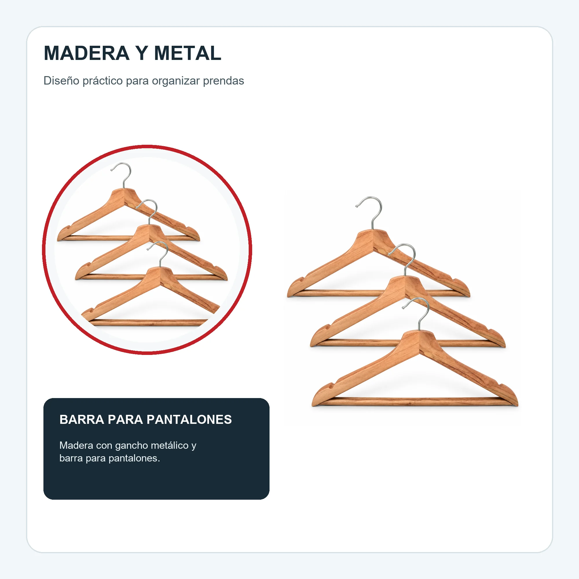 Set de 3 Colgadores de Madera con Barra para Pantalones, 43 cm