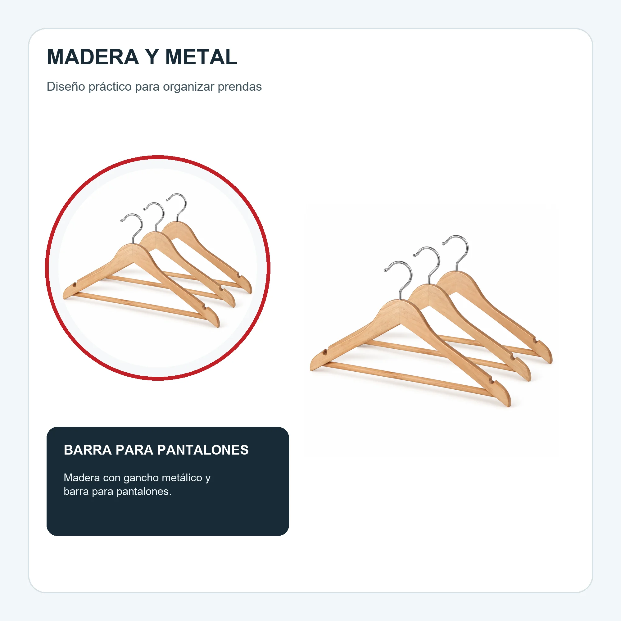 Set de 3 Colgadores de Madera con Barra para Pantalones, 44,3 cm