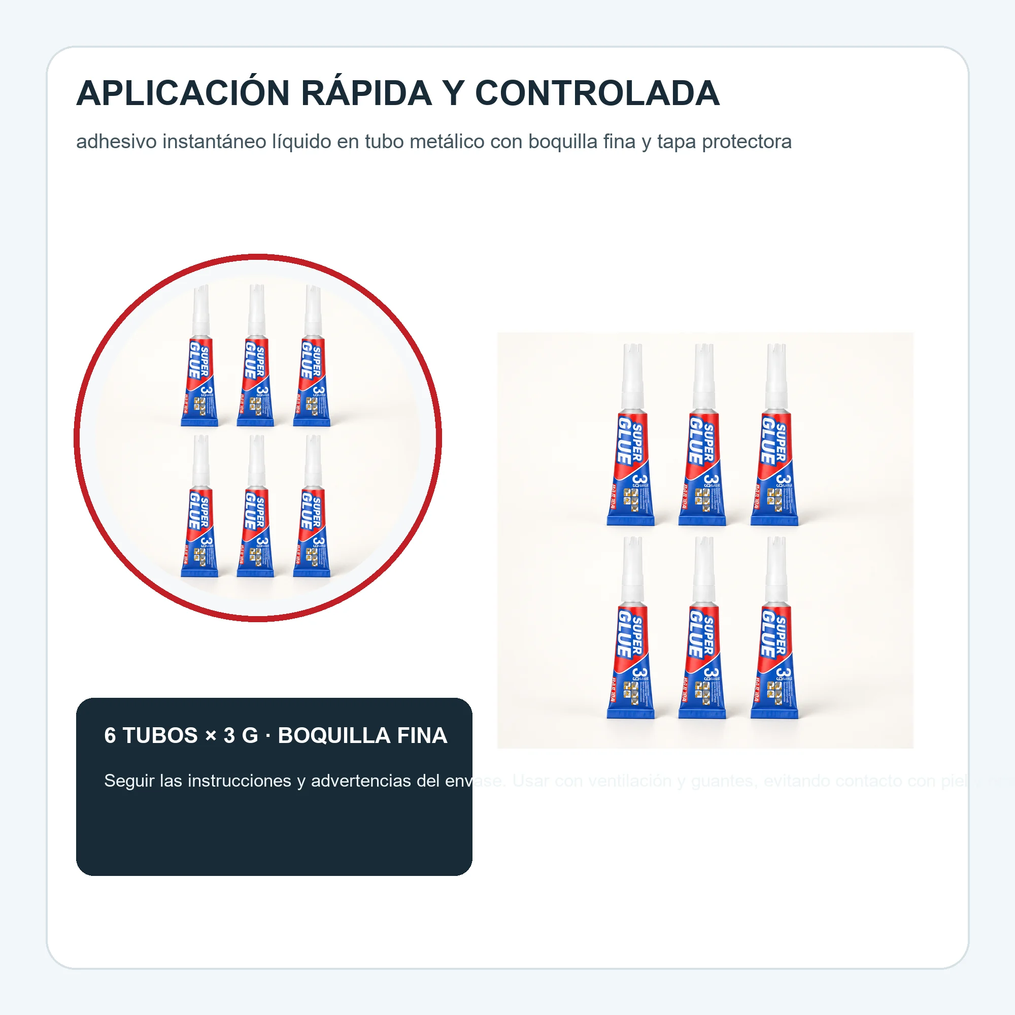 Set de 6 Adhesivos Instantáneos de 3 g con Boquilla de Precisión