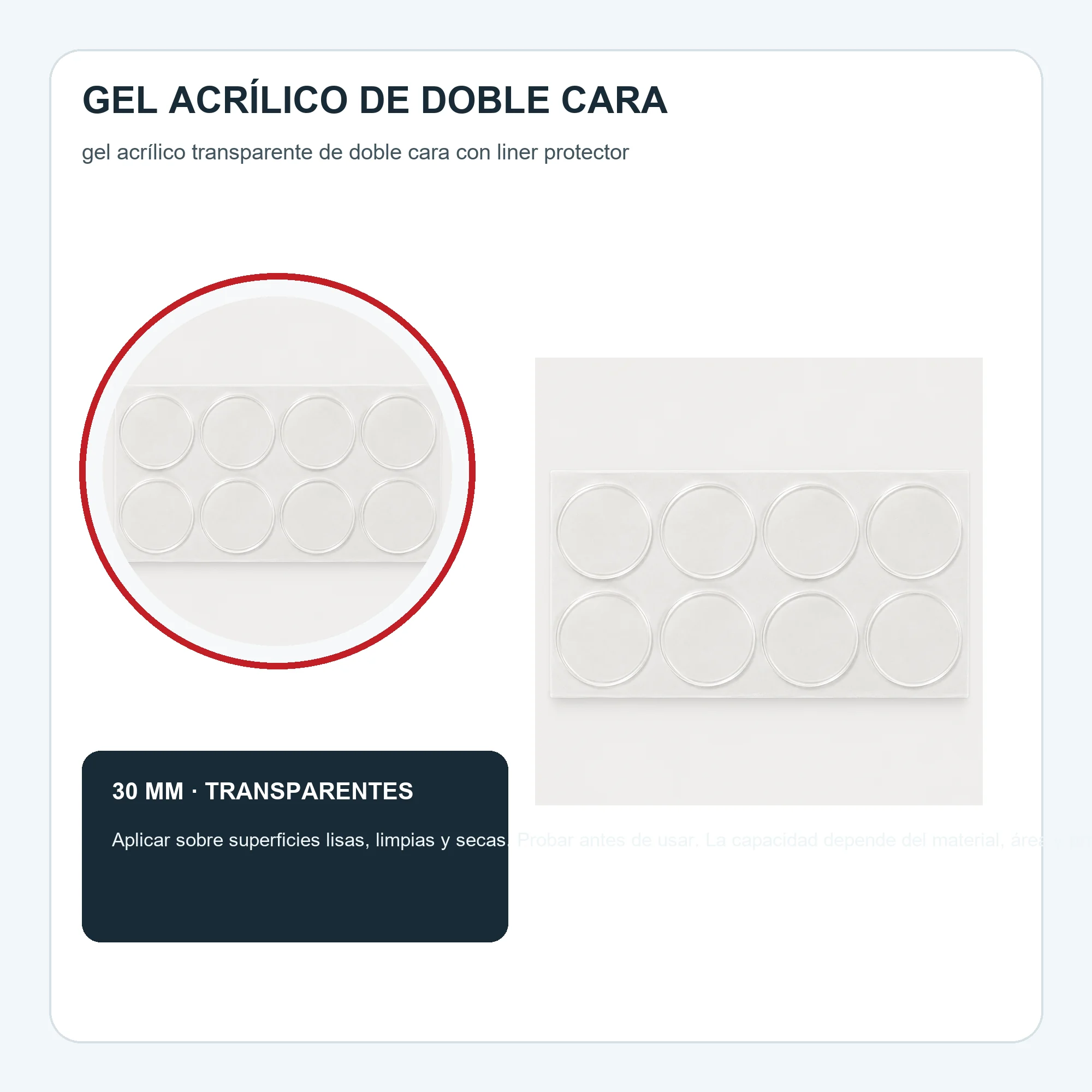 Set de 8 Almohadillas Adhesivas Acrílicas Transparentes Redondas, 30 mm