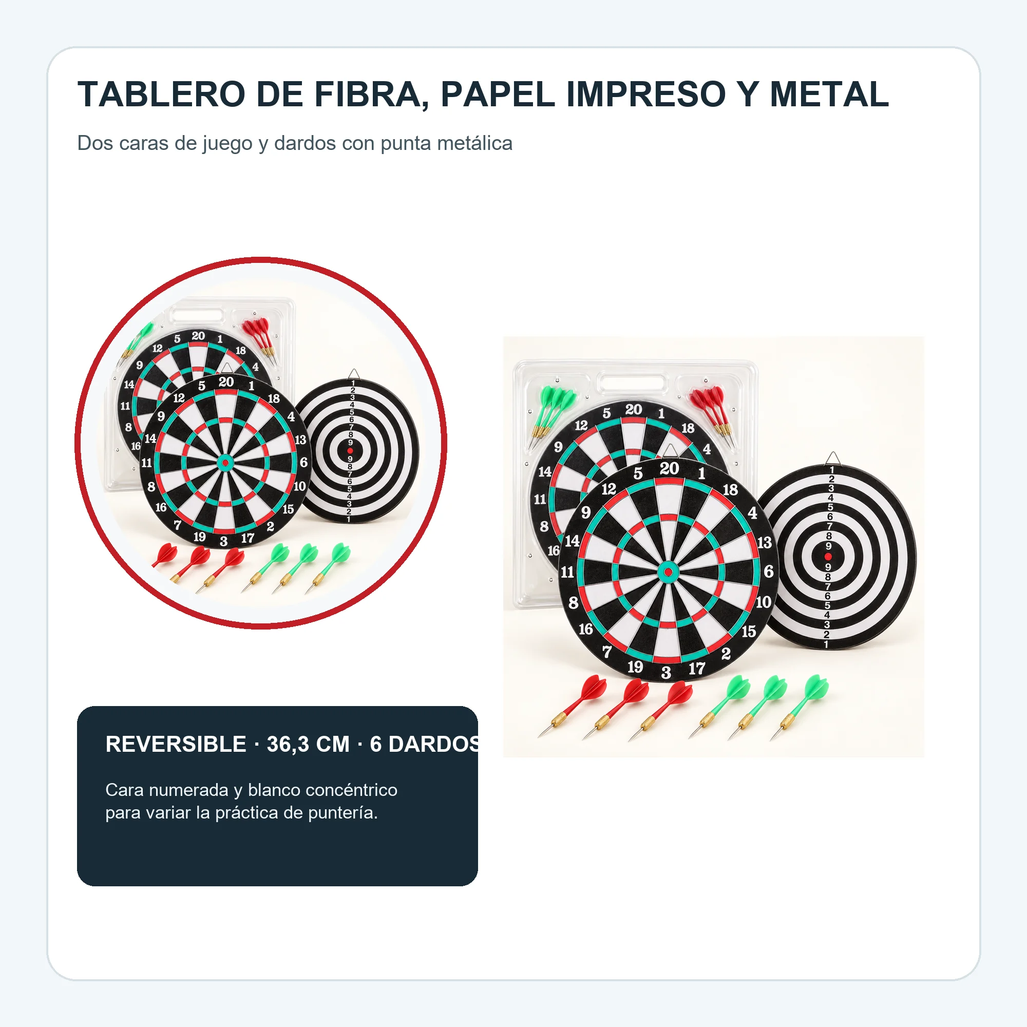 Tablero de Dardos Reversible de 36,3 cm con 6 Dardos