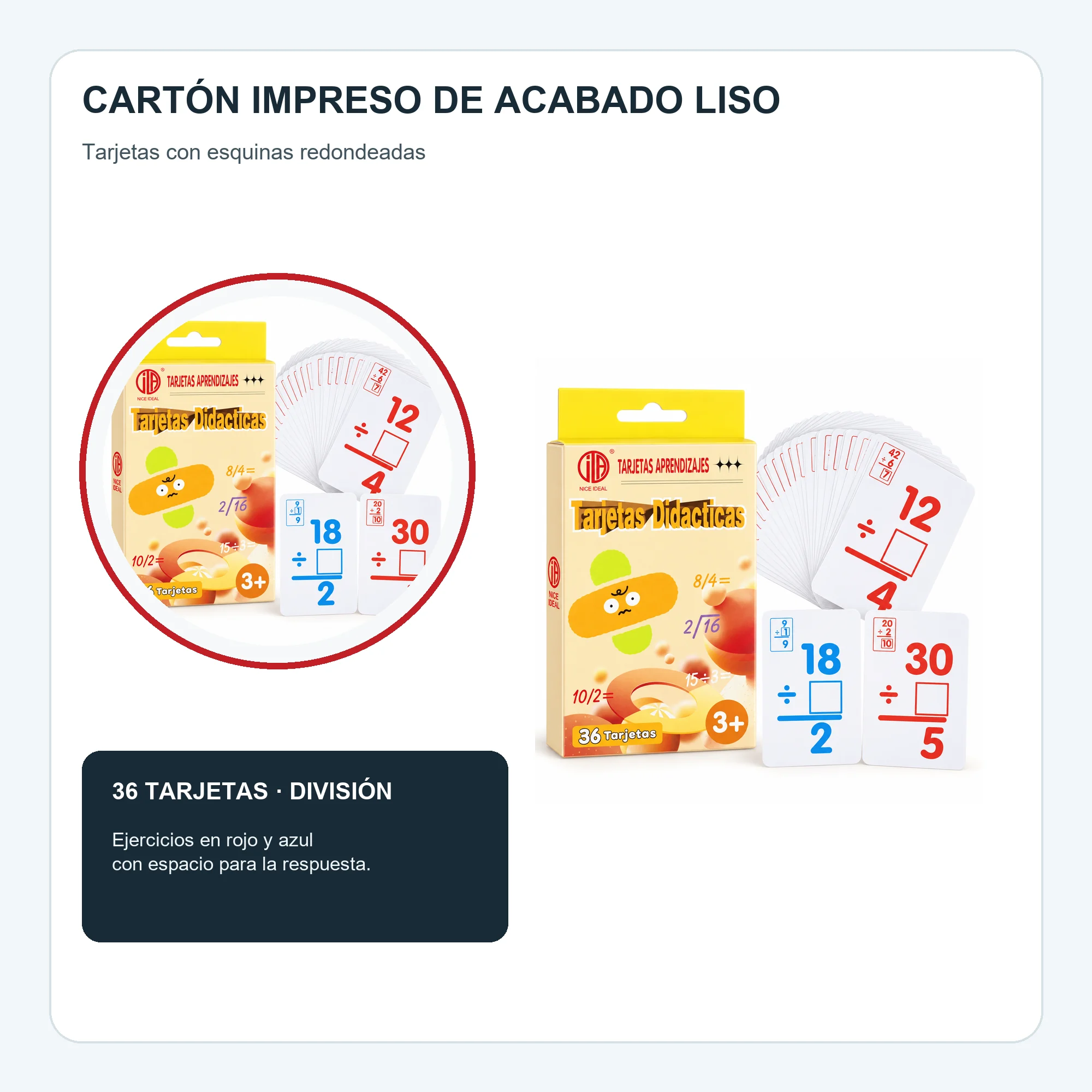 Tarjetas Didácticas de División, 36 Unidades, 7,8 × 11,7 cm