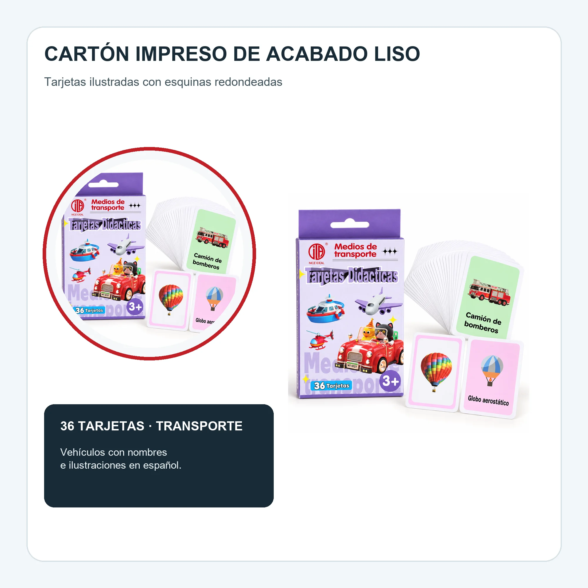 Tarjetas Didácticas de Medios de Transporte, 36 Unidades, 7,8 × 11,7 cm