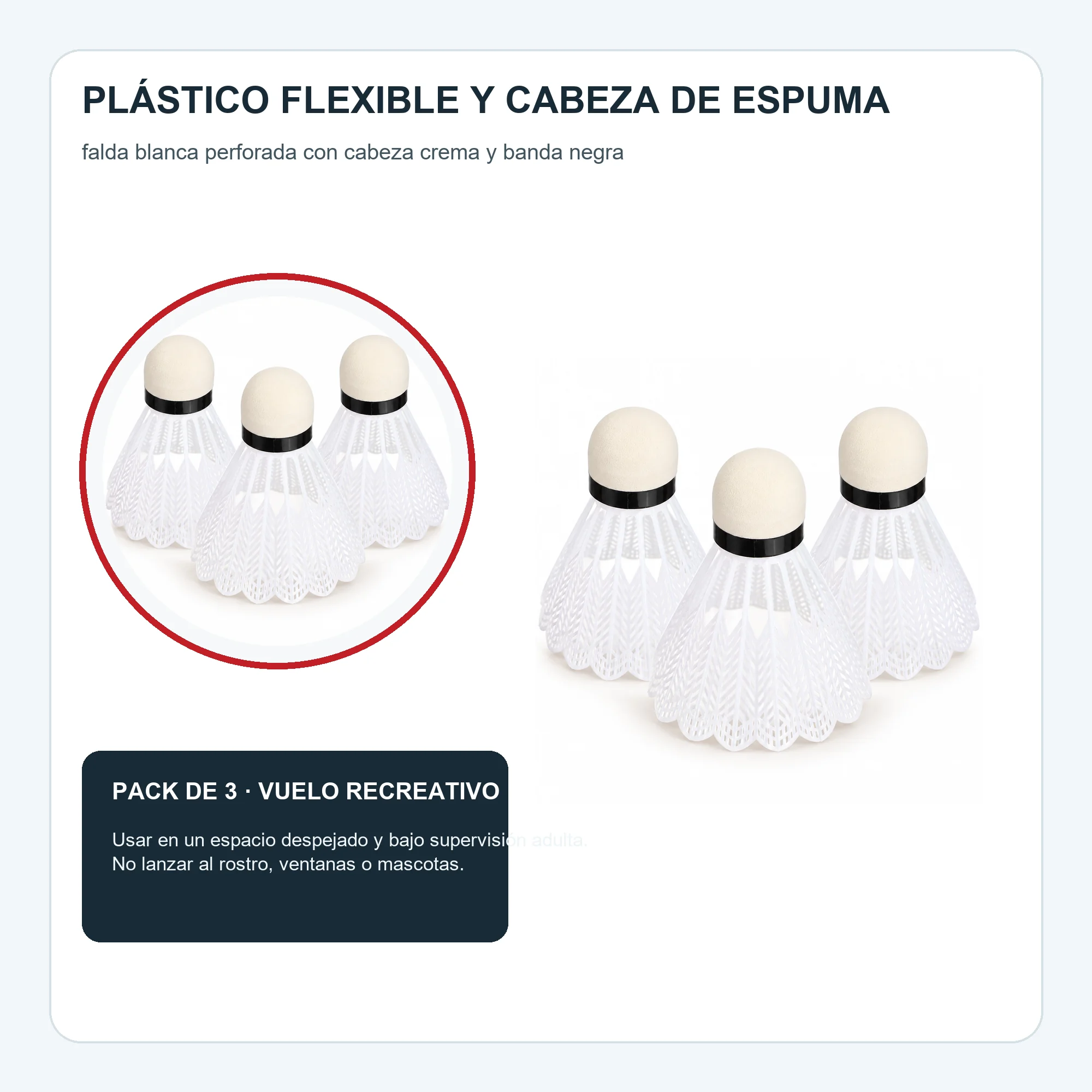 Volantes de Bádminton Plásticos Blancos, 7,5 cm, Pack de 3
