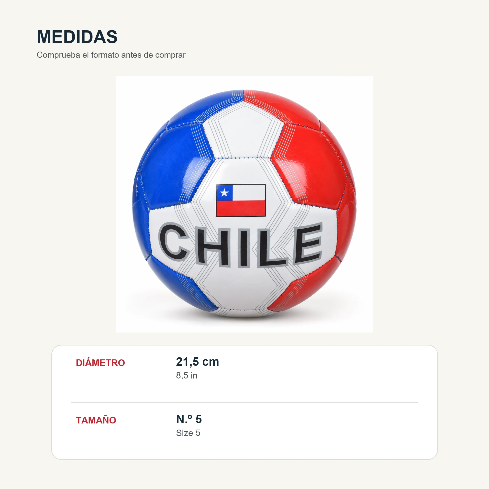 Balón de Fútbol Chile N.º 5, 21,5 cm
