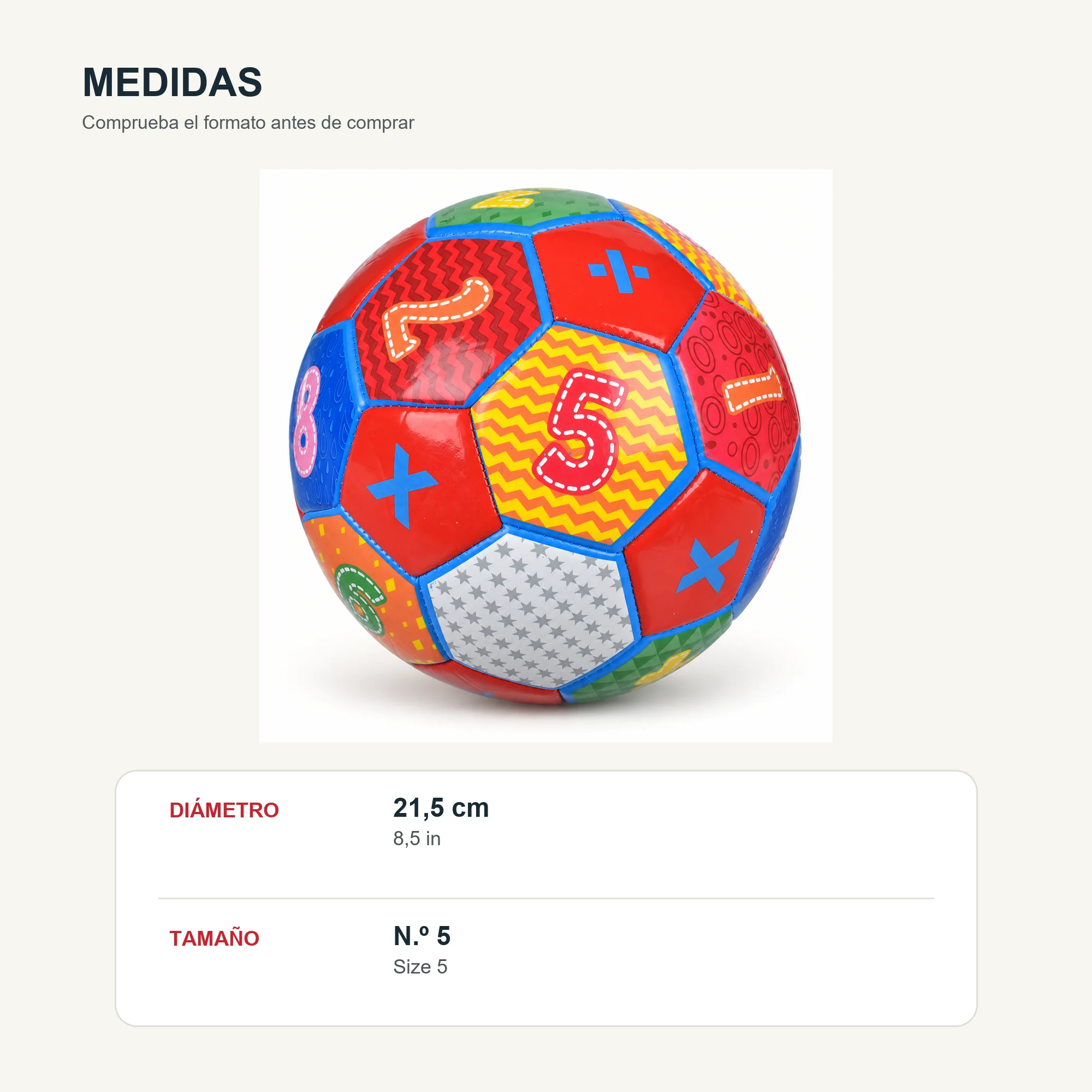 Balón de Fútbol Números Colorido N.º 5, 21,5 cm