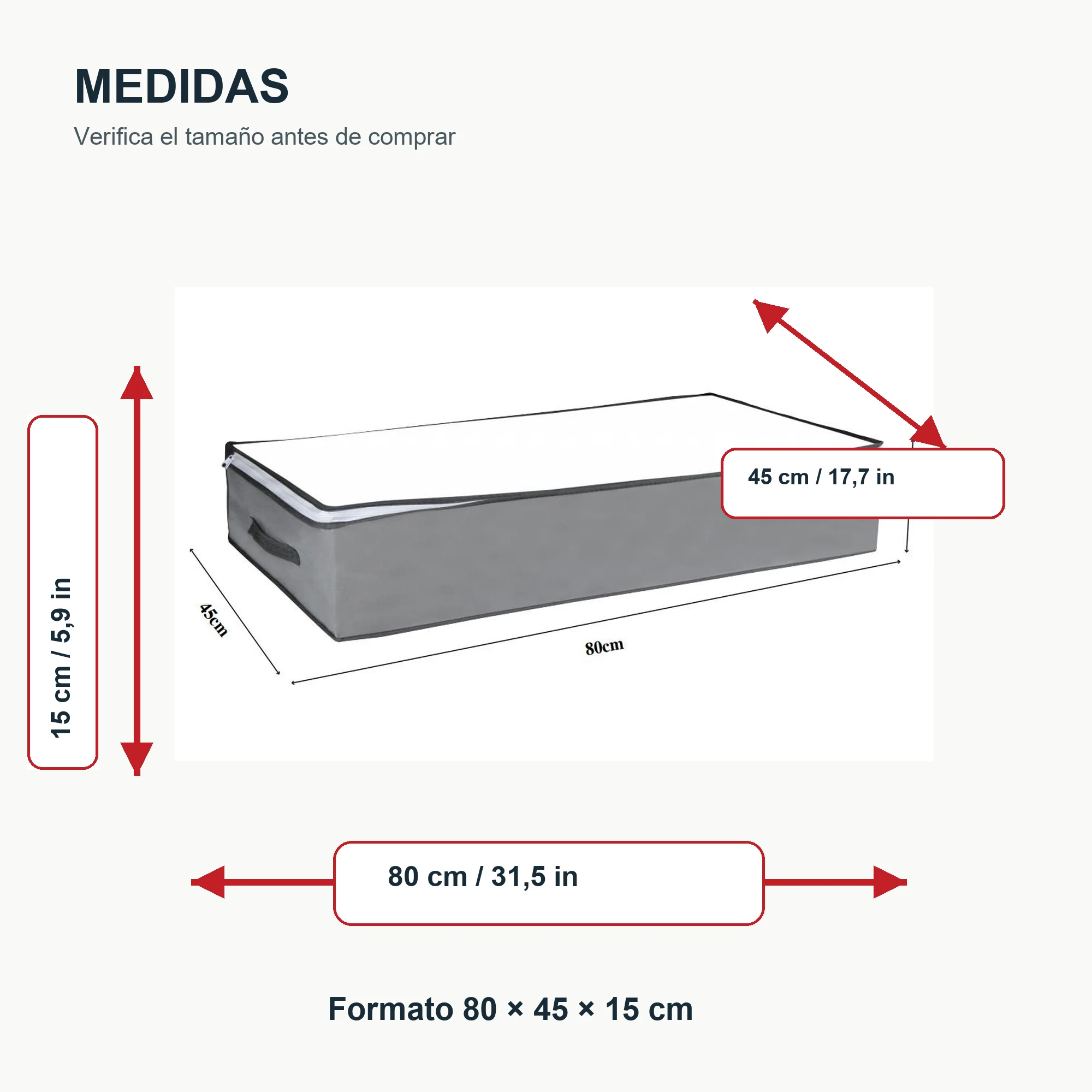 Bolsa Organizadora Gris Bajo Cama, 80 × 45 × 15 cm, 1 Unidad