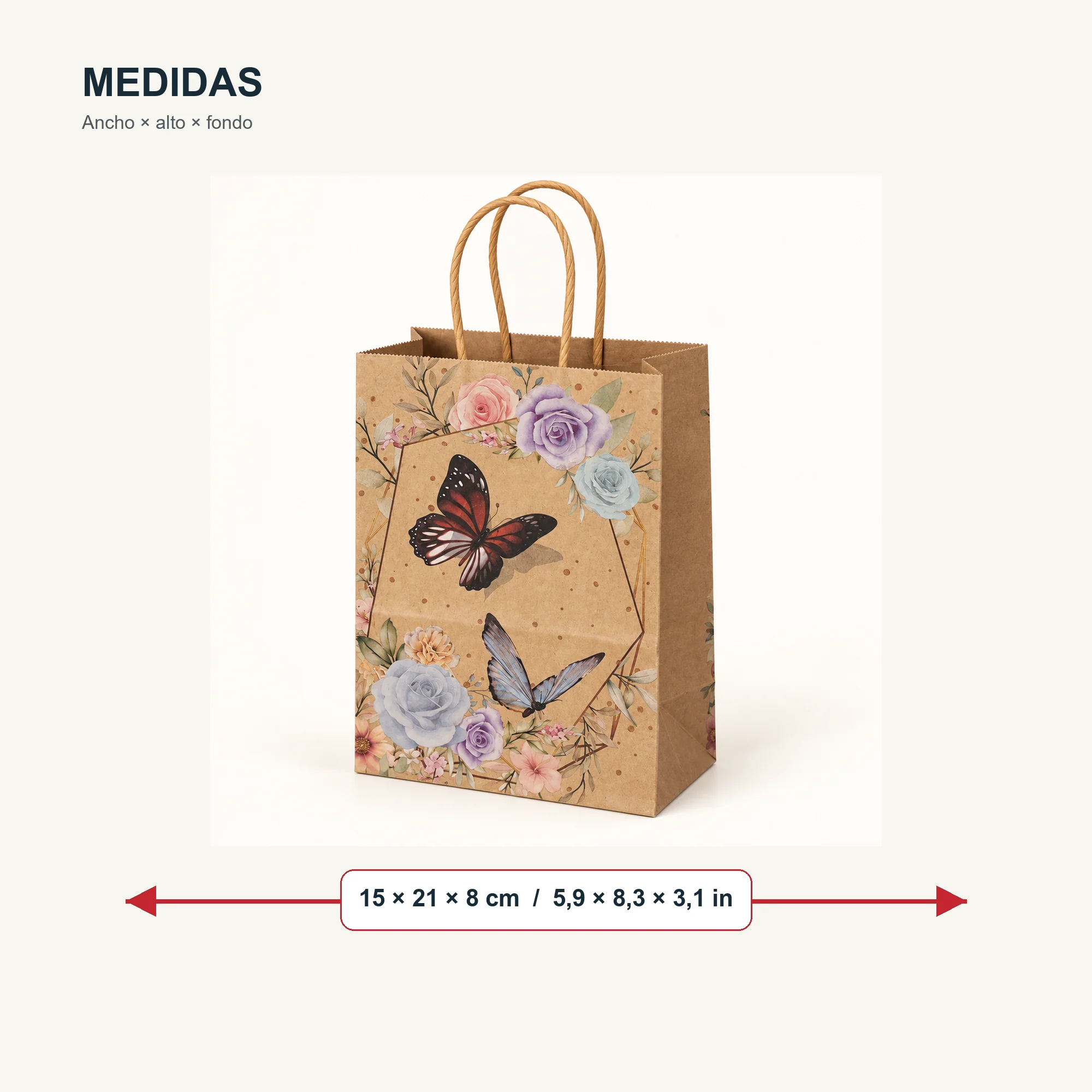Bolsa de Regalo de Papel Kraft Estampada con Flores Y Mariposas, 15 × 21 × 8 cm, Diseños Surtidos