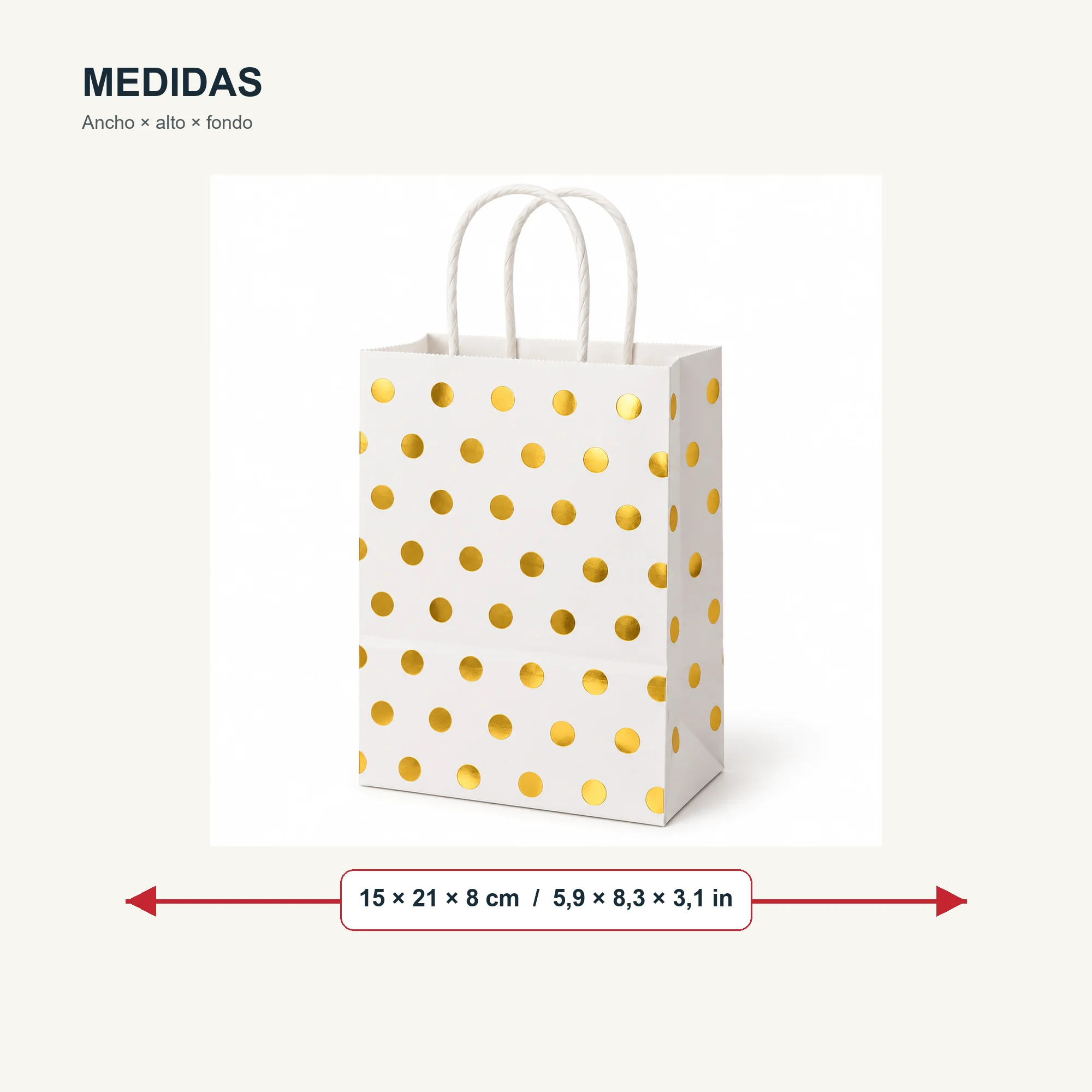 Bolsa de Regalo de Papel con Lunares Metalizados y Asas Trenzadas, 15 × 21 × 8 cm, Colores Surtidos