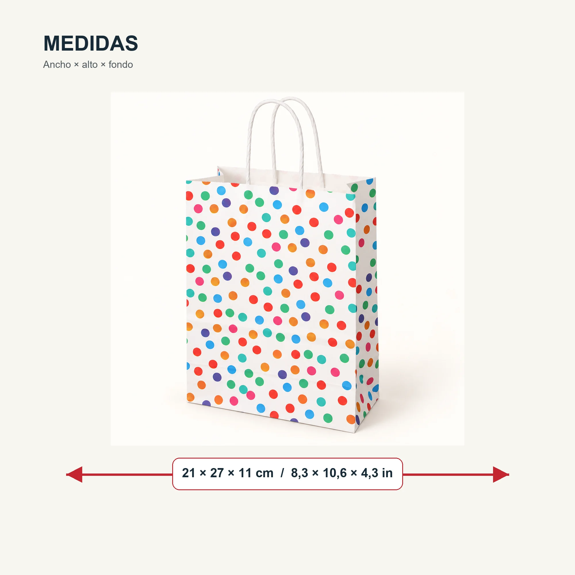 Bolsa de Regalo de Papel Estampada con Lunares Multicolor, 21 × 27 × 11 cm, Diseños Surtidos
