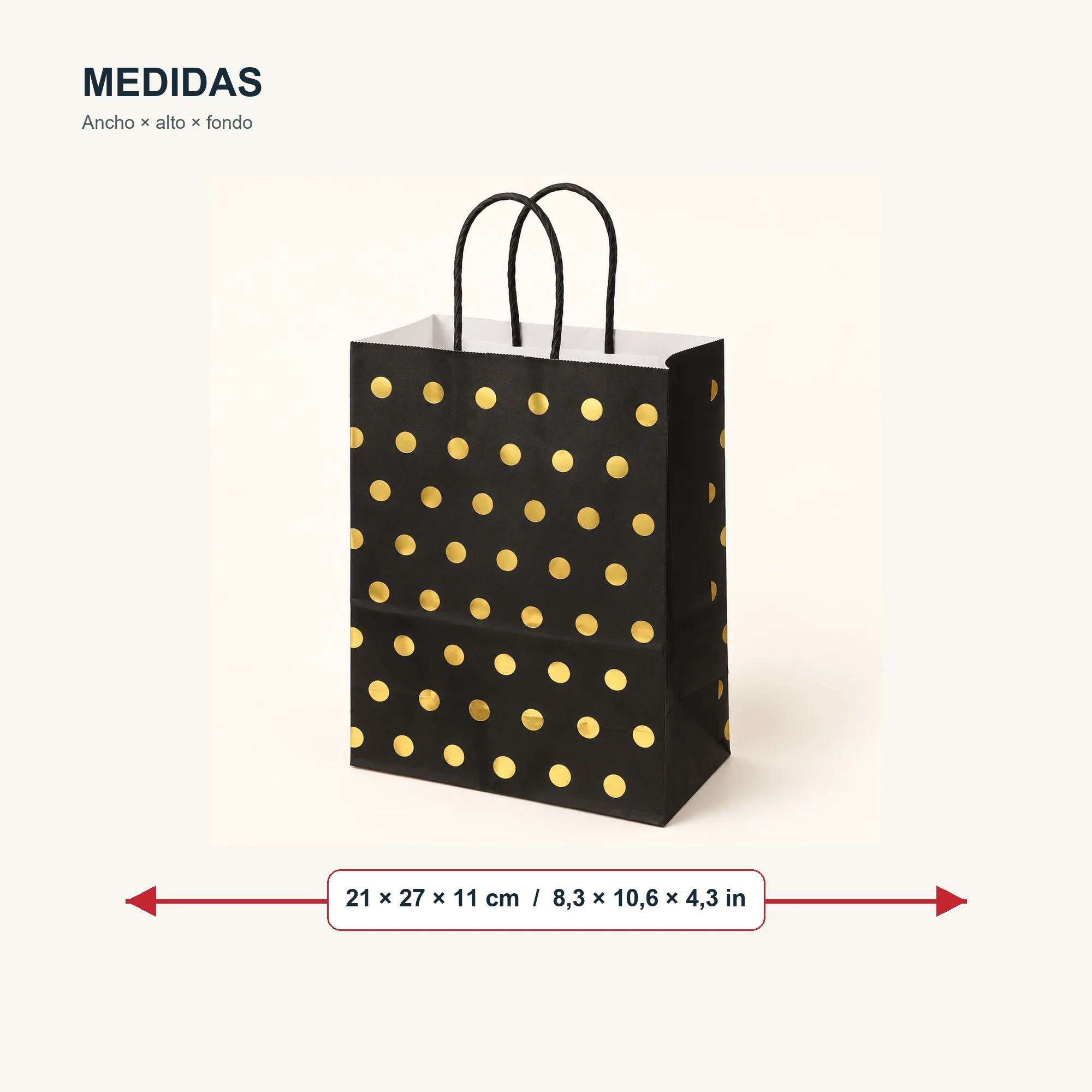 Bolsa de Regalo de Papel con Lunares Dorados y Asas Trenzadas, 21 × 27 × 11 cm, Diseños Surtidos