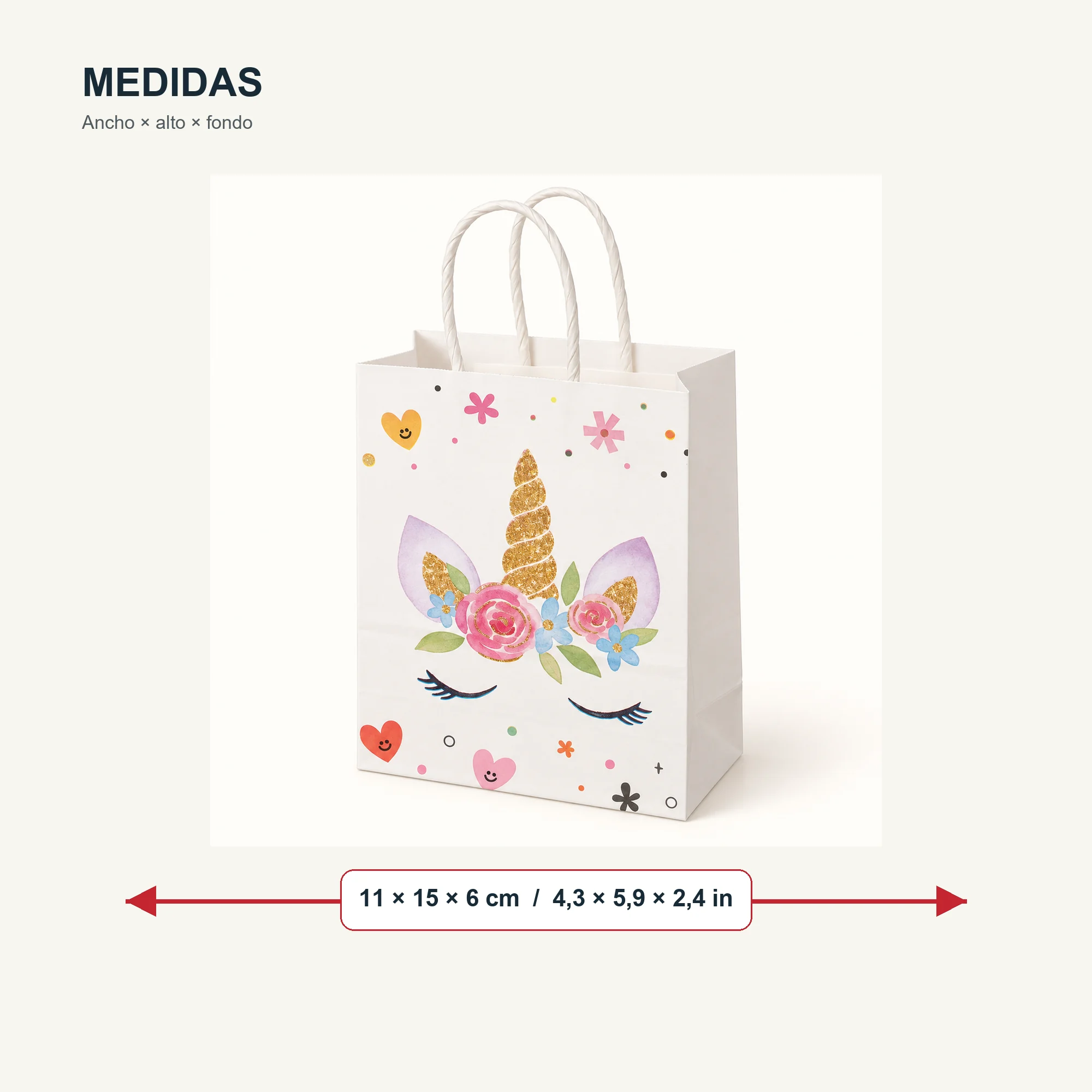 Bolsa de Regalo de Papel con Diseño De Unicornio y Asas Trenzadas, 11 × 15 × 6 cm, Diseños Surtidos
