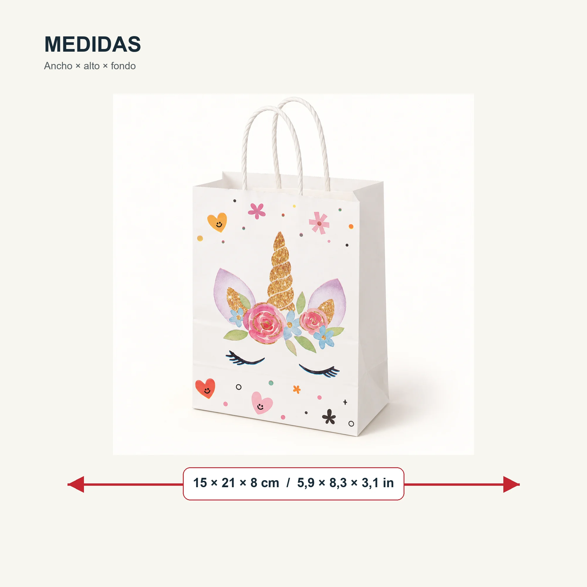 Bolsa de Regalo de Papel con Diseño De Unicornio y Asas Trenzadas, 15 × 21 × 8 cm, Diseños Surtidos
