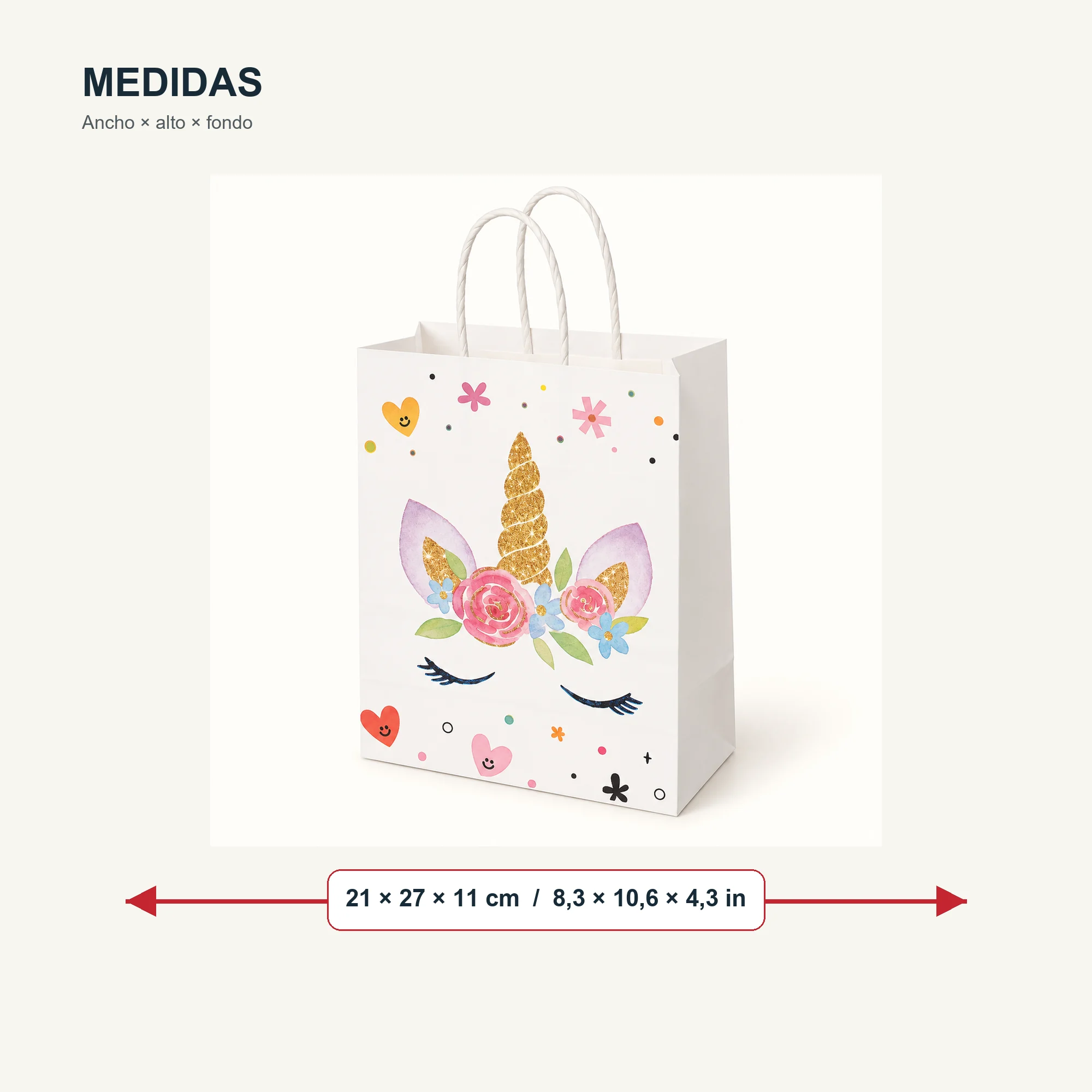 Bolsa de Regalo de Papel con Formato Grande De Unicornio y Asas Trenzadas, 21 × 27 × 11 cm, Diseños Surtidos