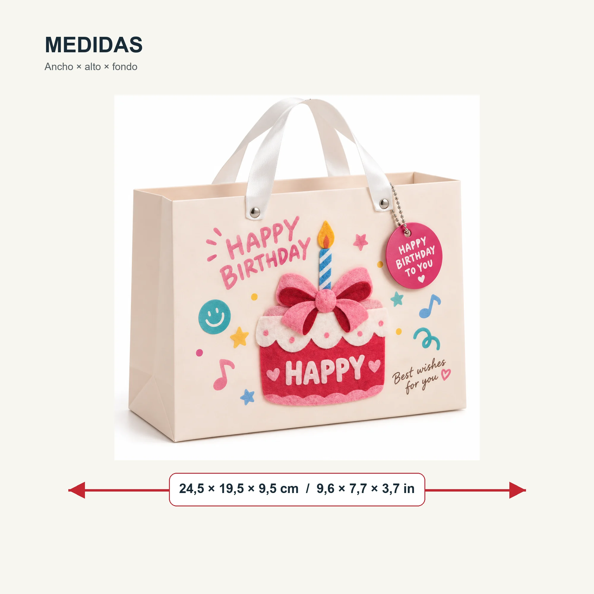 Bolsa de Regalo Rígida Ancha De Cumpleaños con Torta Con Lazo Y Vela, 24,5 × 19,5 × 9,5 cm