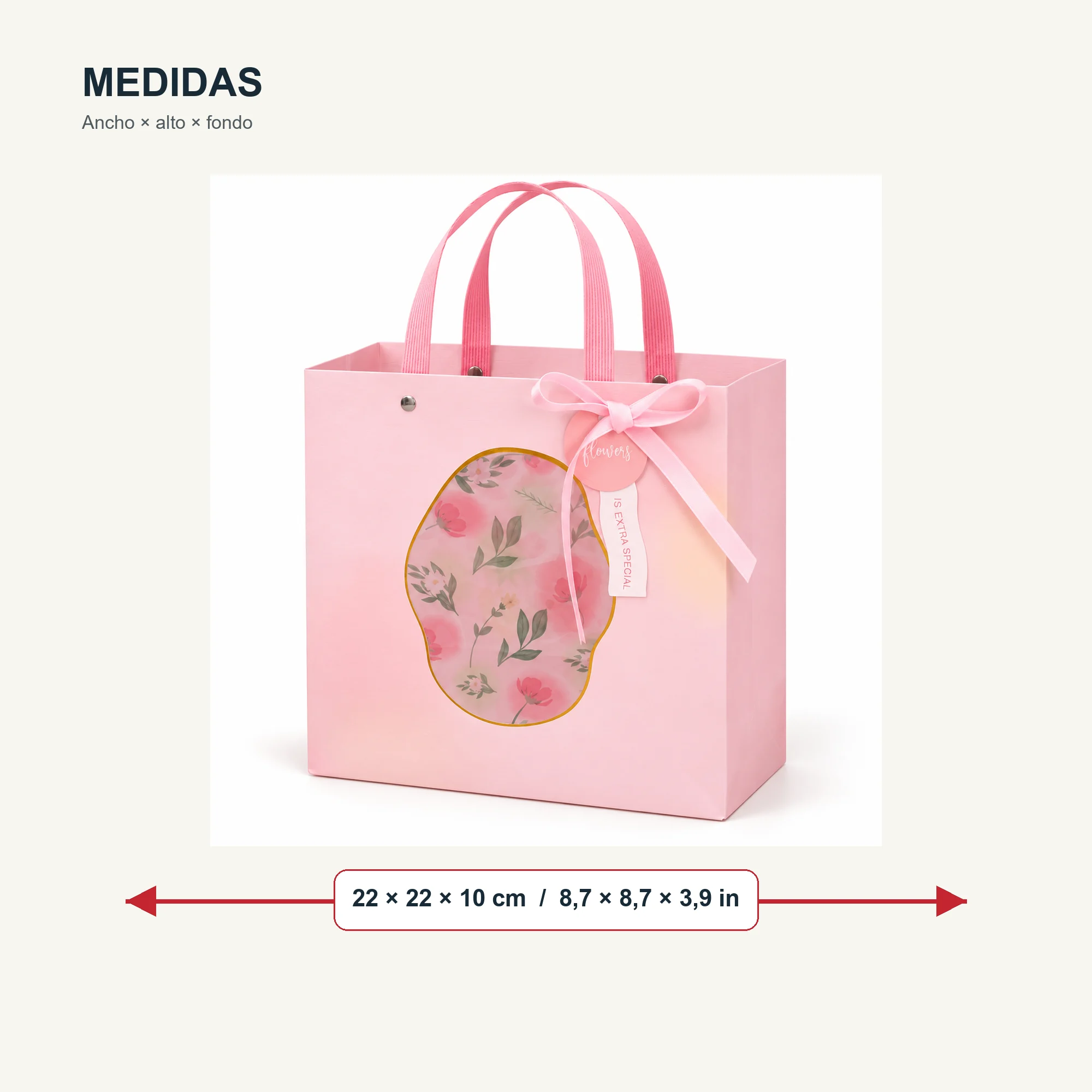 Bolsa de Regalo Rígida Floral con Formato Cuadrado Floral, 22 × 22 × 10 cm