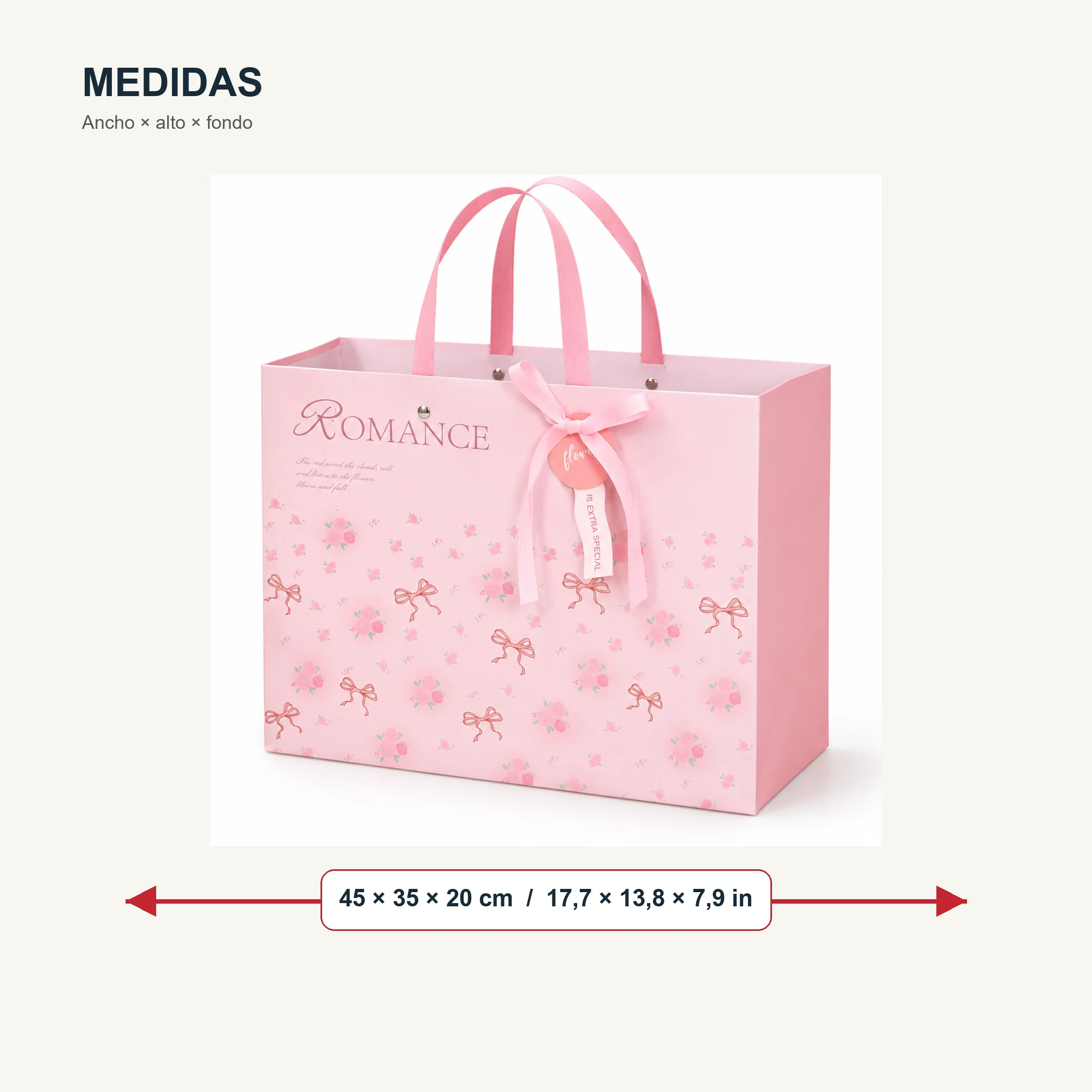 Bolsa de Regalo Rígida Romántica con Formato Extra Grande, 45 × 35 × 20 cm