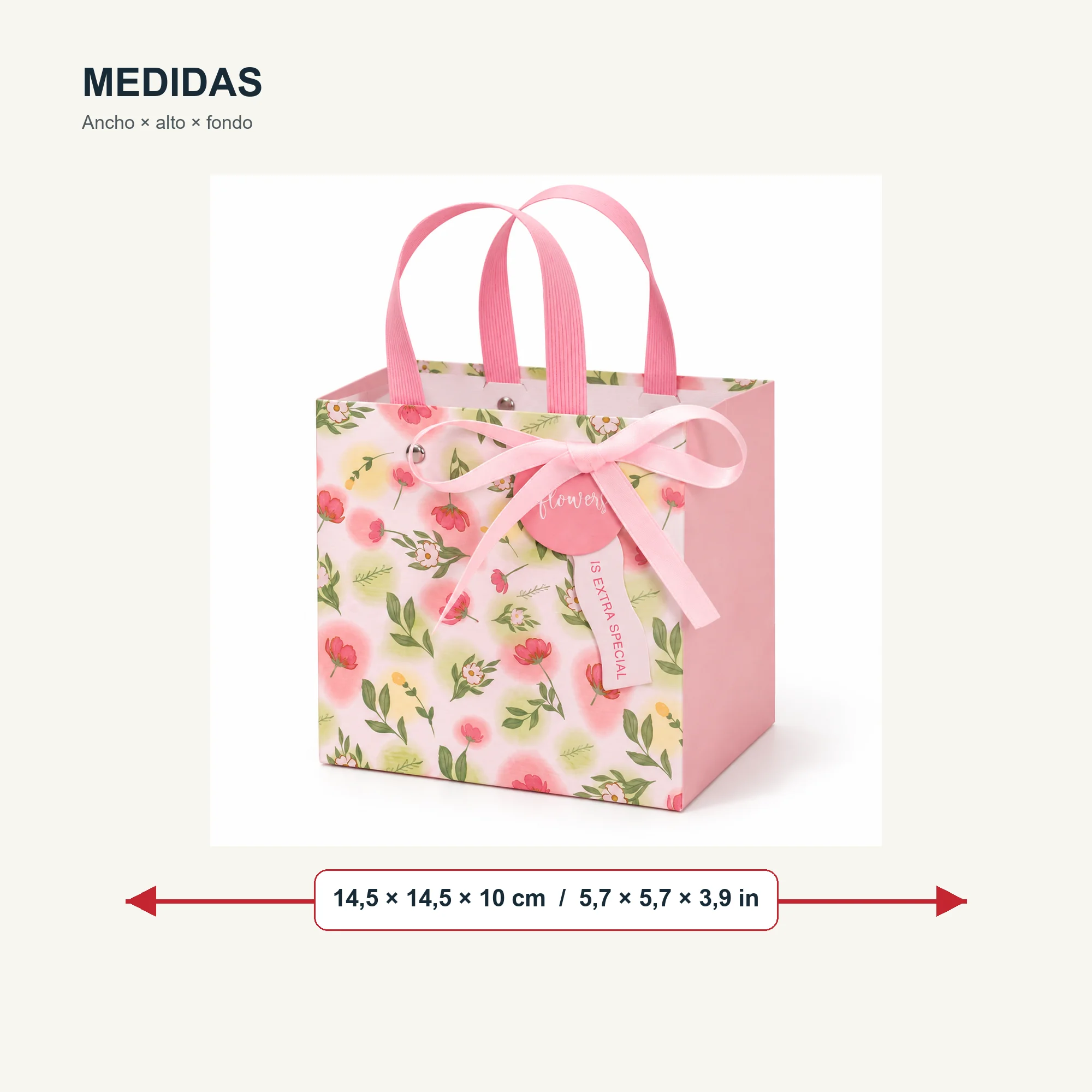 Bolsa de Regalo Rígida Floral con Formato Compacto Floral, 14,5 × 14,5 × 10 cm