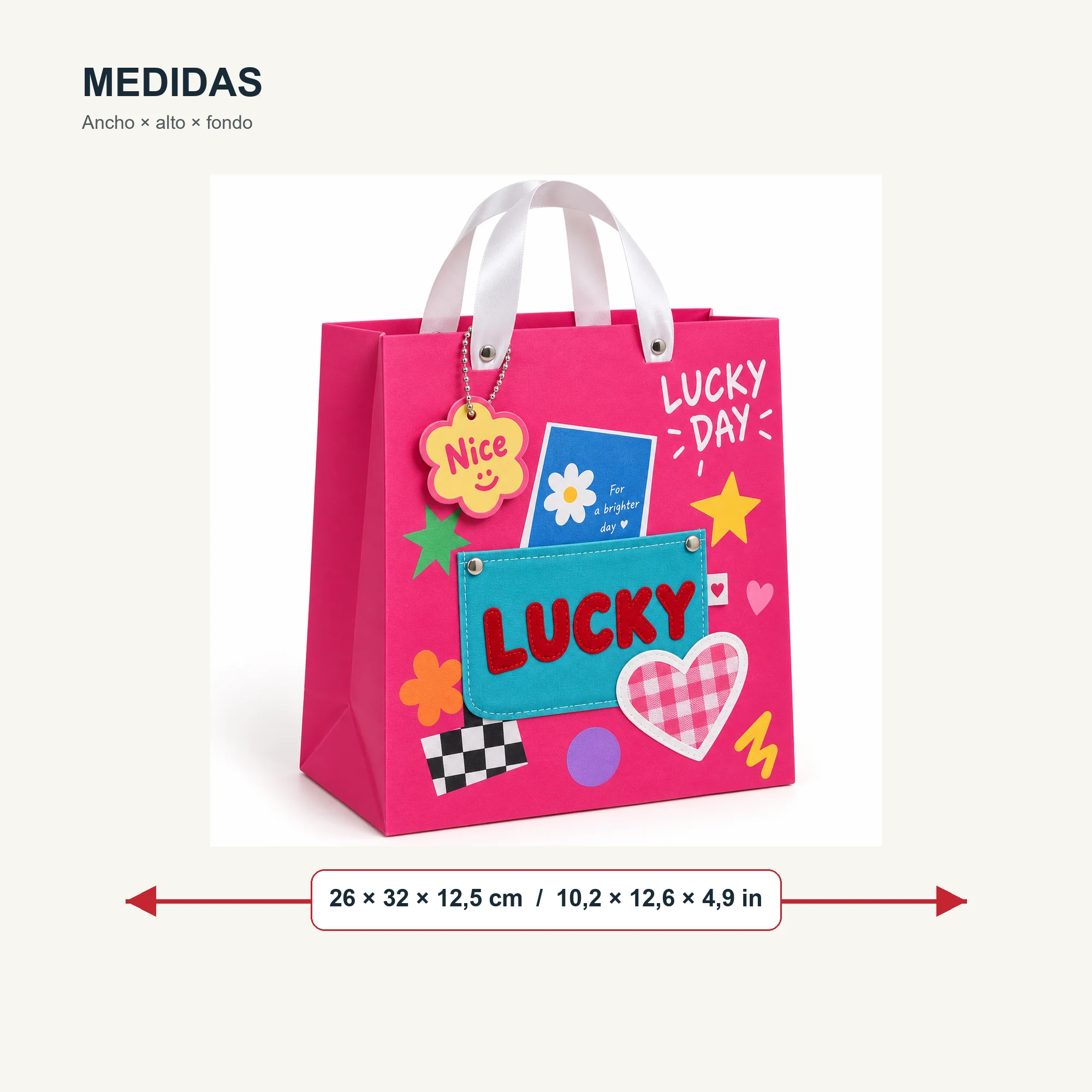 Bolsa de Regalo Rígida Lucky con Diseño Lucky Con Bolsillo, 26 × 32 × 12,5 cm
