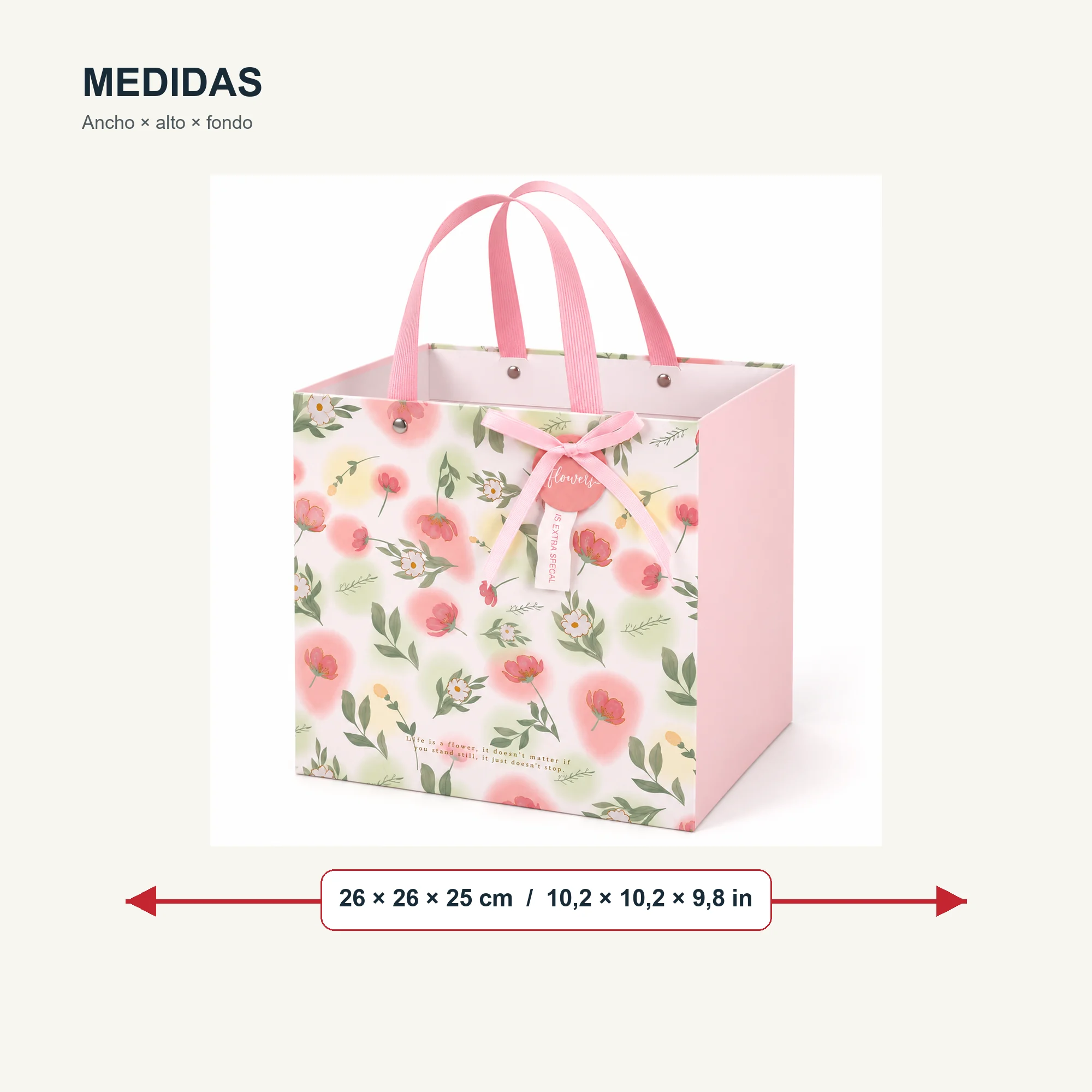 Bolsa de Regalo Rígida Floral con Formato Cuadrado Profundo, 26 × 26 × 25 cm
