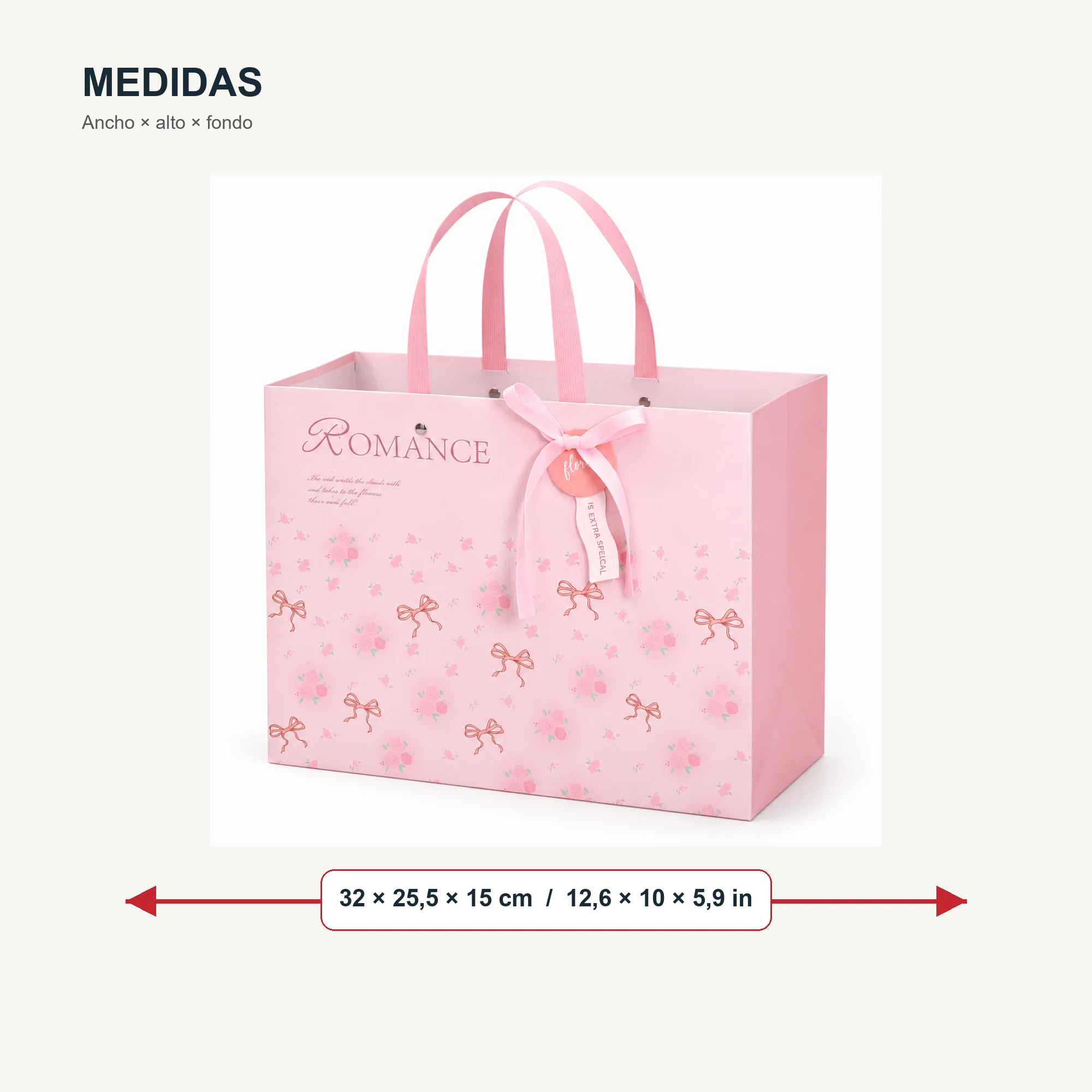 Bolsa de Regalo Rígida Romántica con Formato Ancho Romántico, 32 × 25,5 × 15 cm