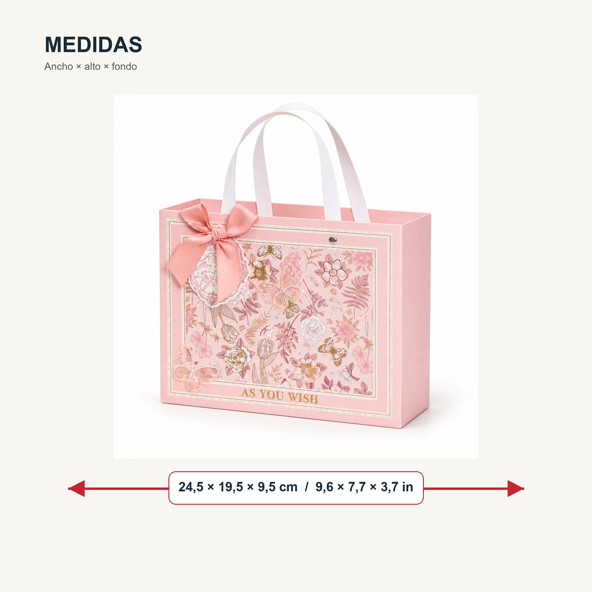 Bolsa de Regalo Rosada Floral Ancha, 24,5 × 19,5 × 9,5 cm