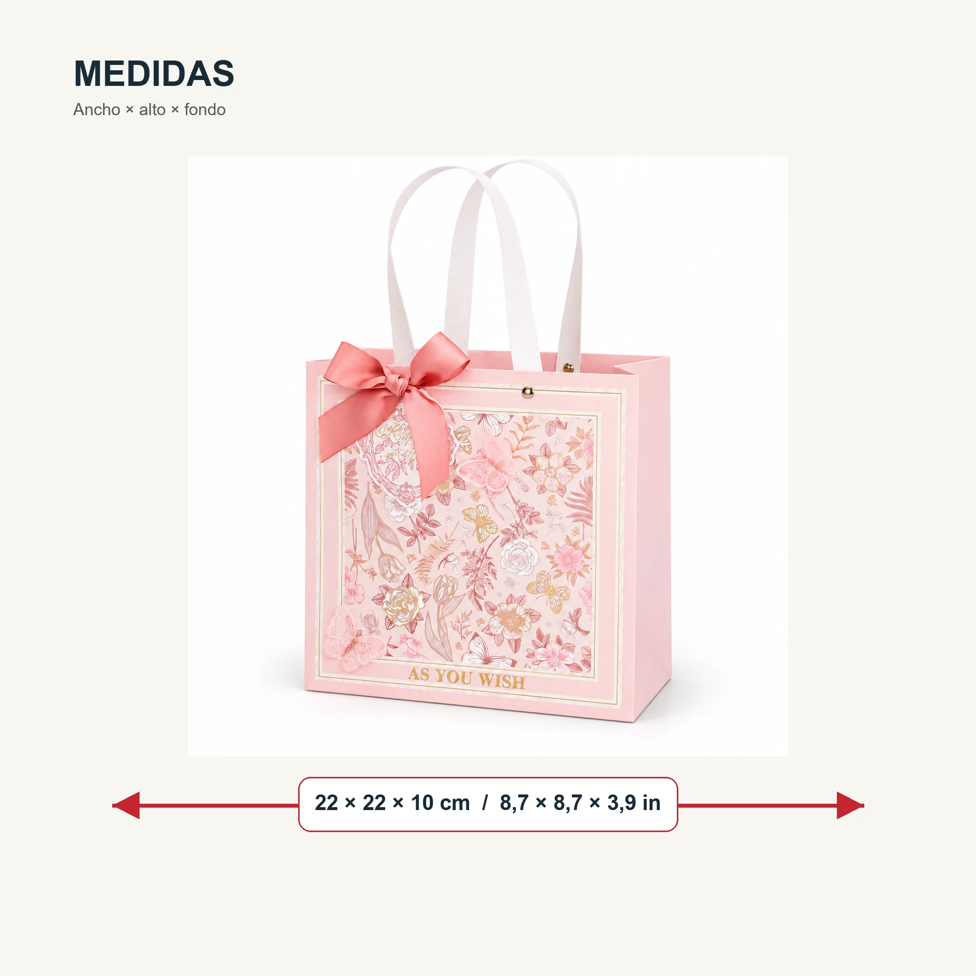 Bolsa de Regalo Rosada Floral Con Mariposas, 22 × 22 × 10 cm
