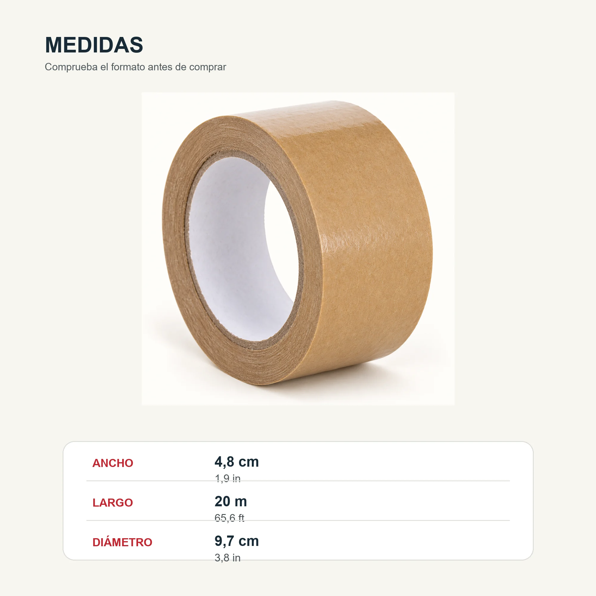 Cinta Adhesiva de Papel Kraft, 48 mm × 20 m