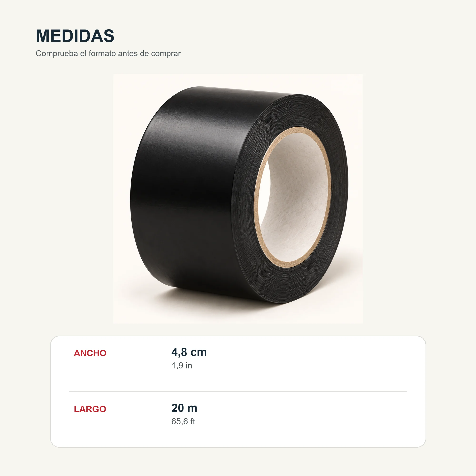 Cinta Adhesiva de PVC Negra Ancha, 48 mm × 20 m