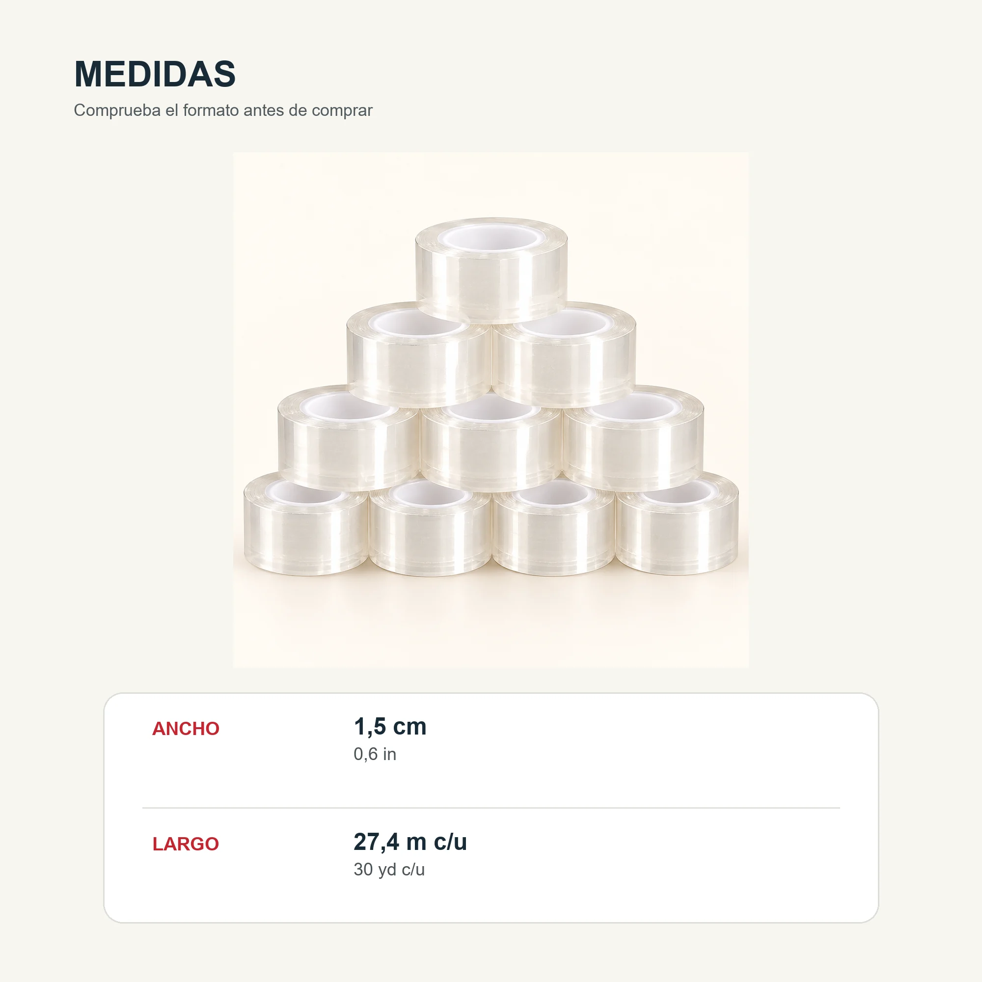 Cinta Adhesiva Transparente, 10 Rollos de 15 mm × 30 yd