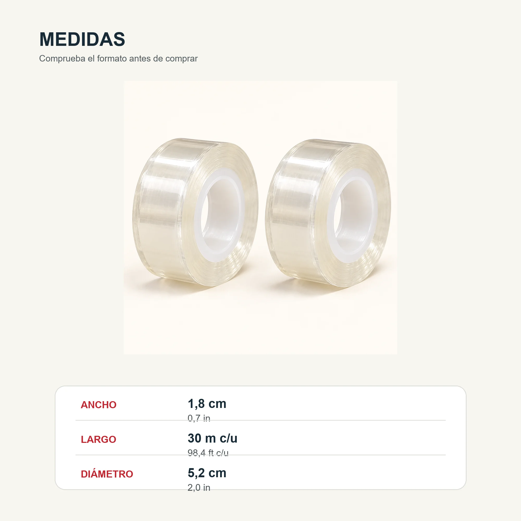Cinta Adhesiva Transparente, 2 Rollos de 18 mm × 30 m